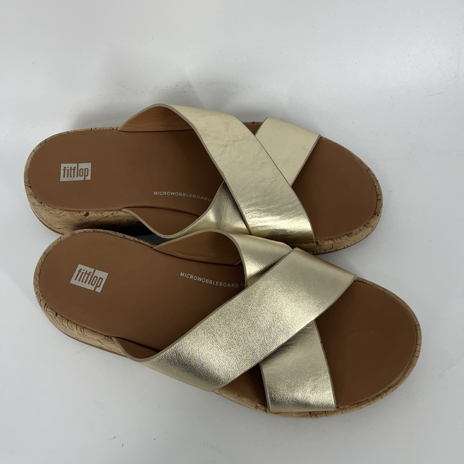 FitFlop F Mode Sandals Size 10 Gold Metallic Leather Cross Slide Cork Platform