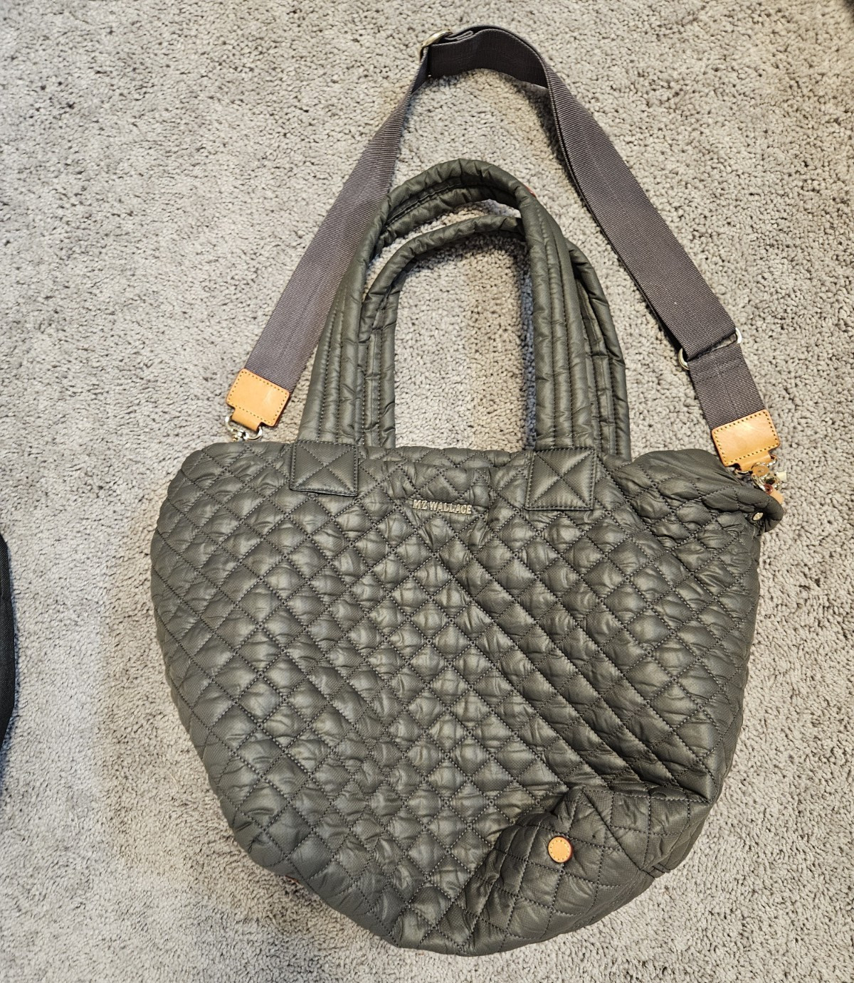 MZ Wallace Gray Tote Bag Zip Detachable Strap Double Handles Gold Hardware