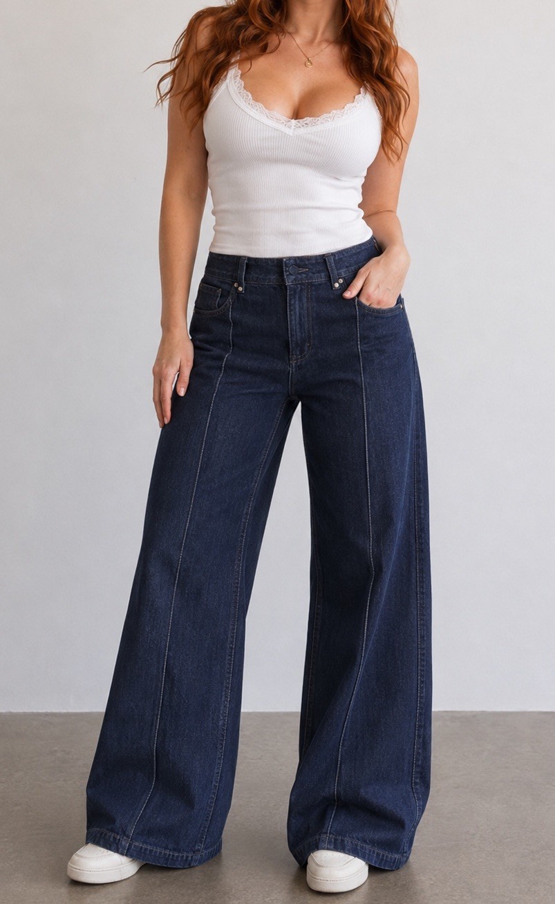 Zara Marine Dark Blue High Waisted Wide Leg Patch Pocket Jeans 6