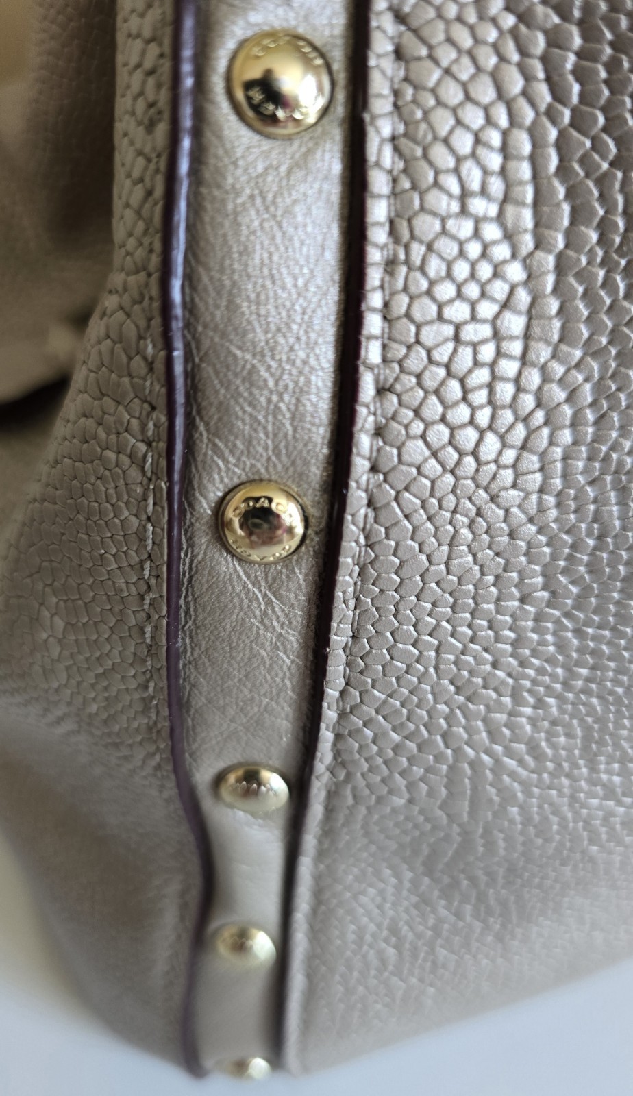 Coach Phoebe Champagne Metallic Pebbled Leather Hobo Shoulder Bag Studded