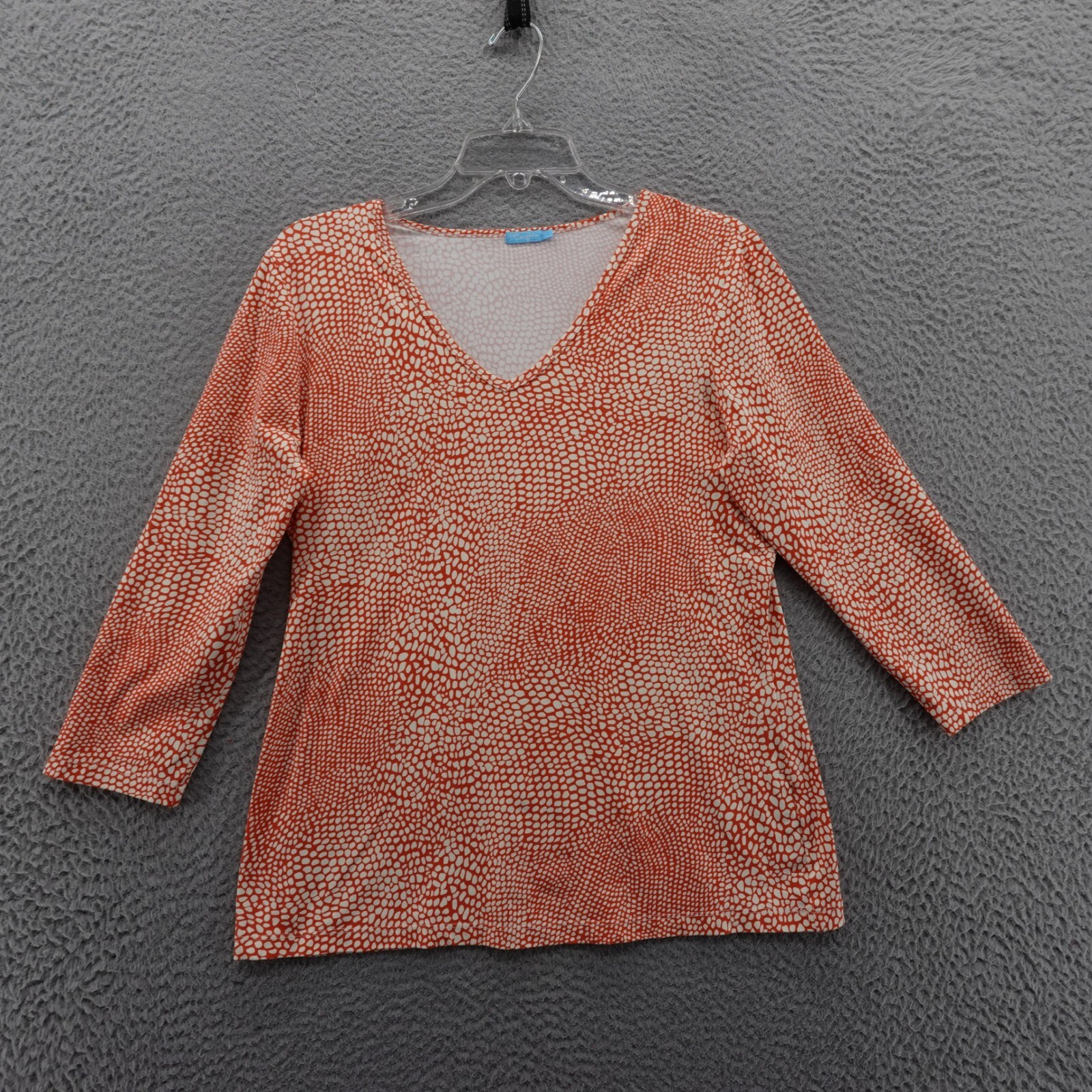 J McLaughlin Catalina Knit Pebble Print Top Large Orange White Womens 3/4 Sleeve