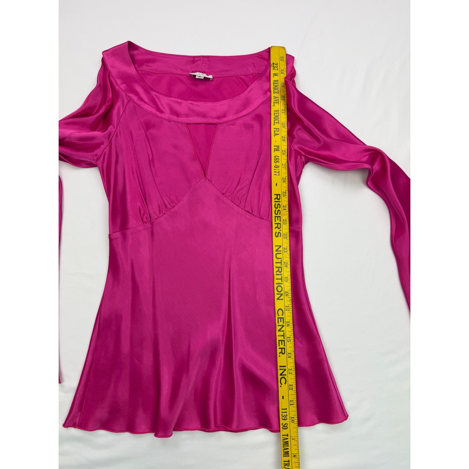 Cache Womens Fuchsia Pink Satin Cold Shoulder Bell Sleeve Cutout Blouse Size 6