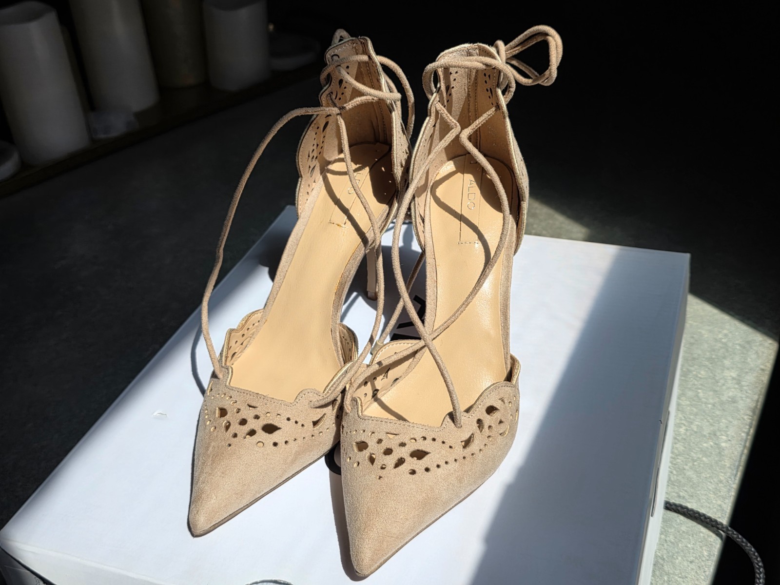 ALDO Antoinette Size 6 Nude Beige Suede Lace Up Stiletto Heels Pumps Never Worn