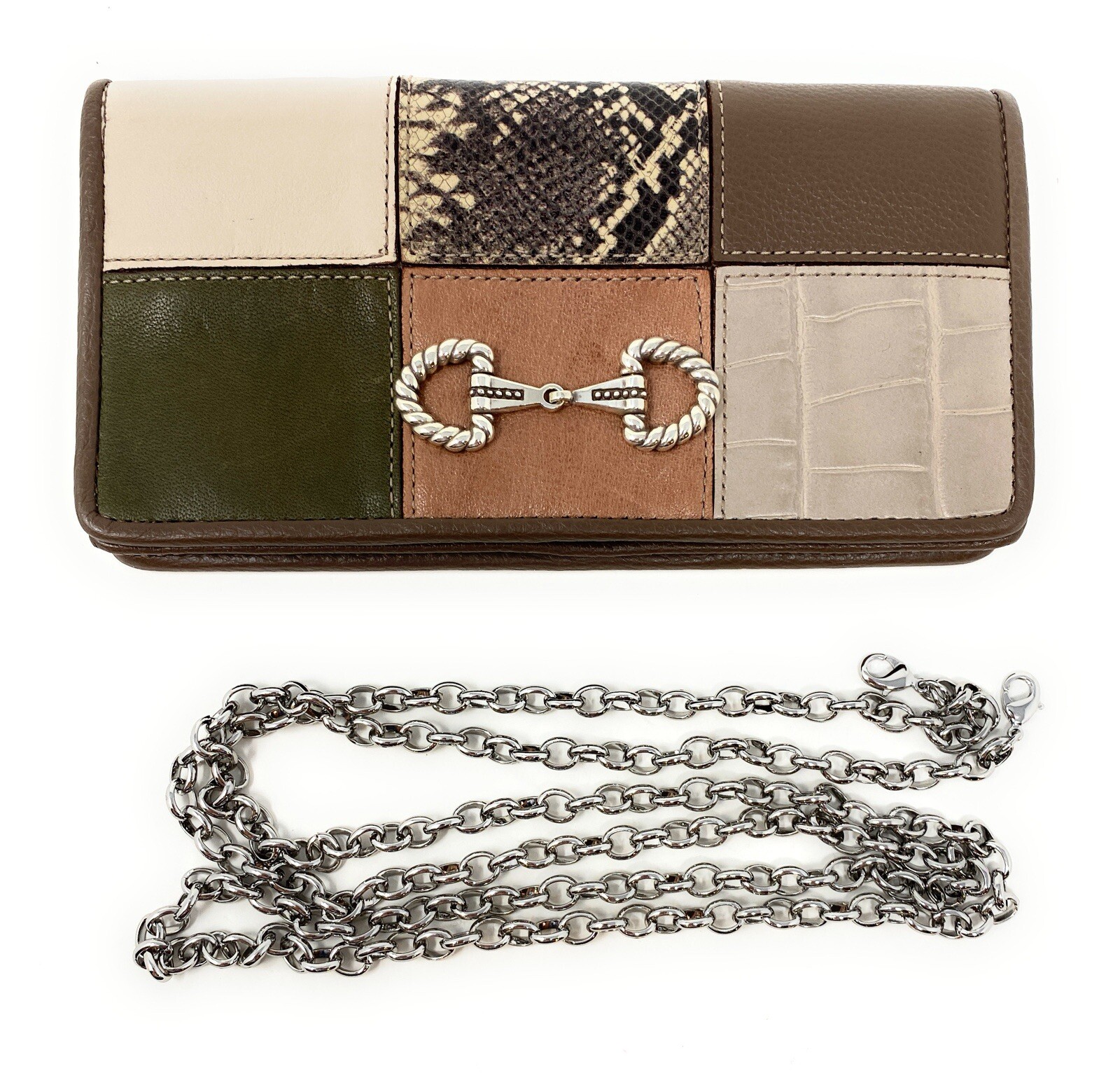 BRIGHTON “OFF THE GRID” ROCKMORE HORSE BIT EMBLEM PATCHWORK CROSSBODY WALLET