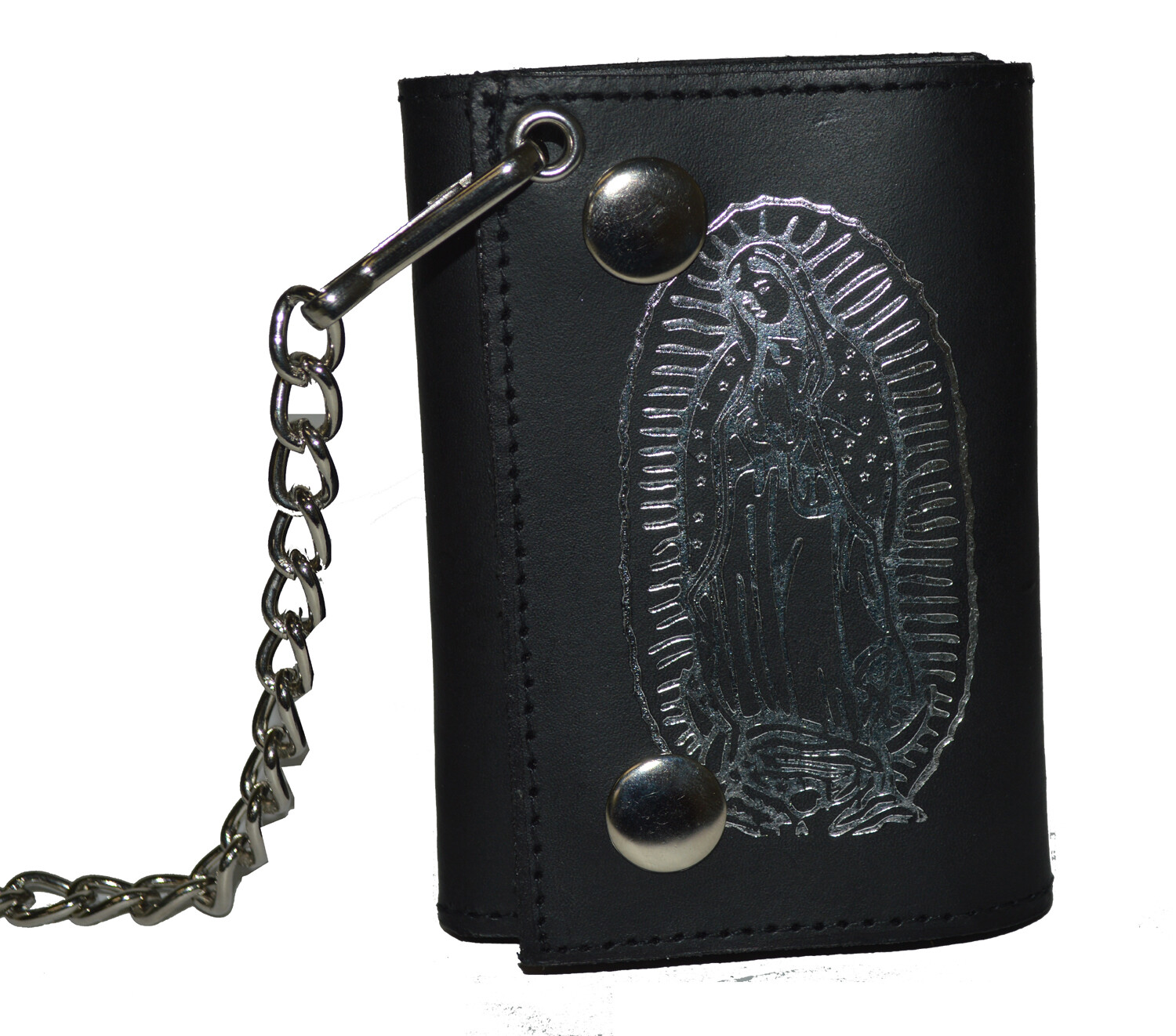 Leatherboss Genuine Leather Men “Virgin Mary” Trifold Wallet Chain Biker, Black
