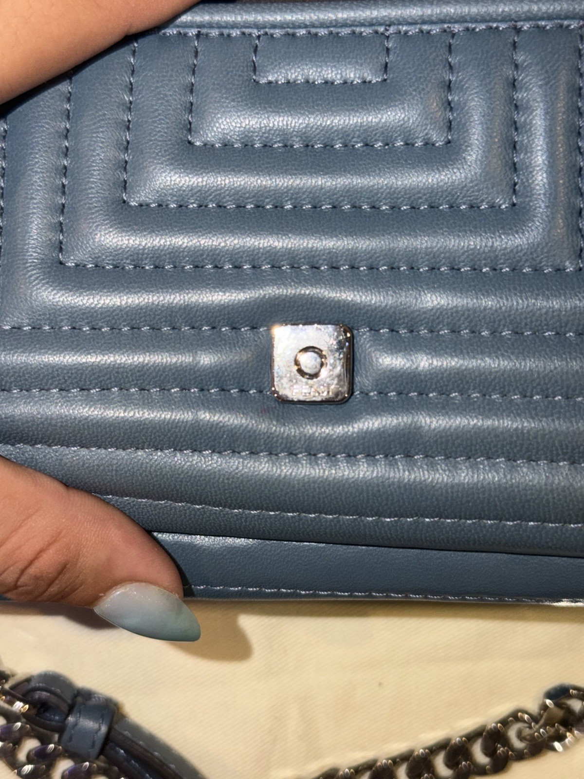 Fendi Blue Quilted Small Crossbody Bag Chain Strap Top Handle Turn Lock
