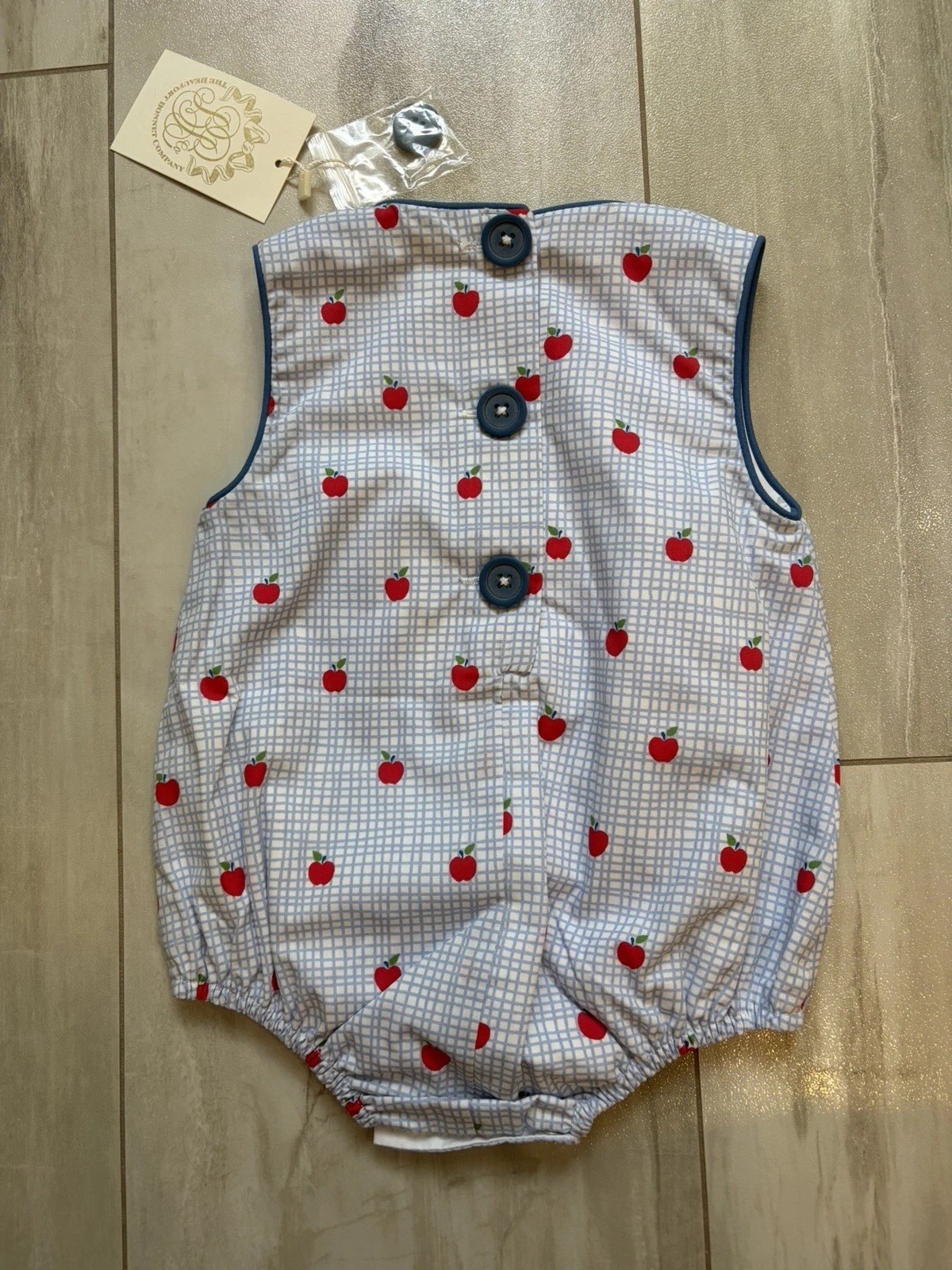 New! Beaufort Bonnet Company Preppy Blue Check Apple Benjamin Bubble Romper 0-6M