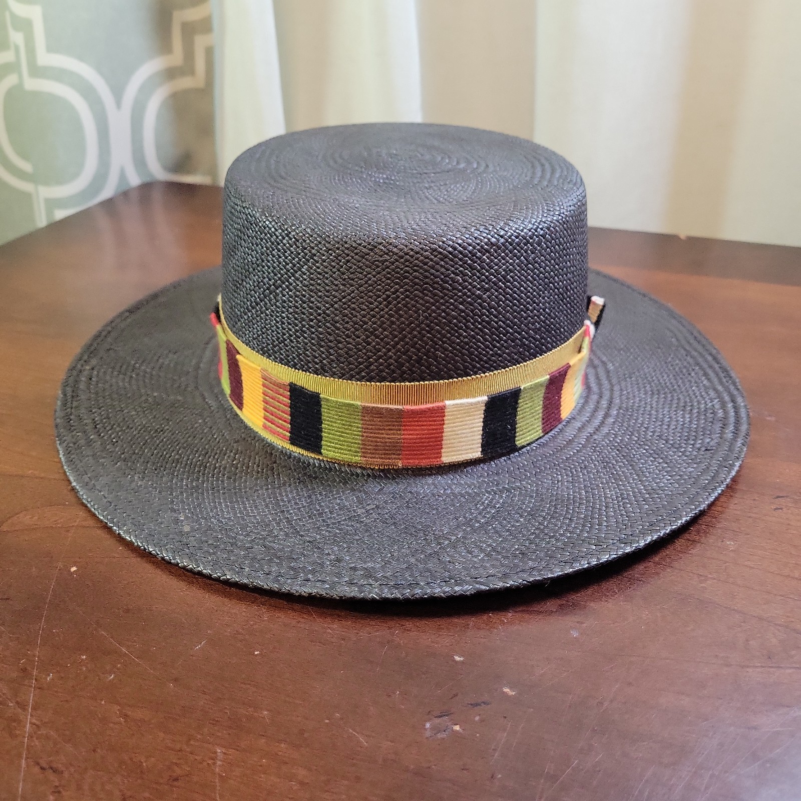 Goorin Bros Charcoal Flat Brim Panama Fedora Hat Toquilla Straw Boater 23″ 7 3/8