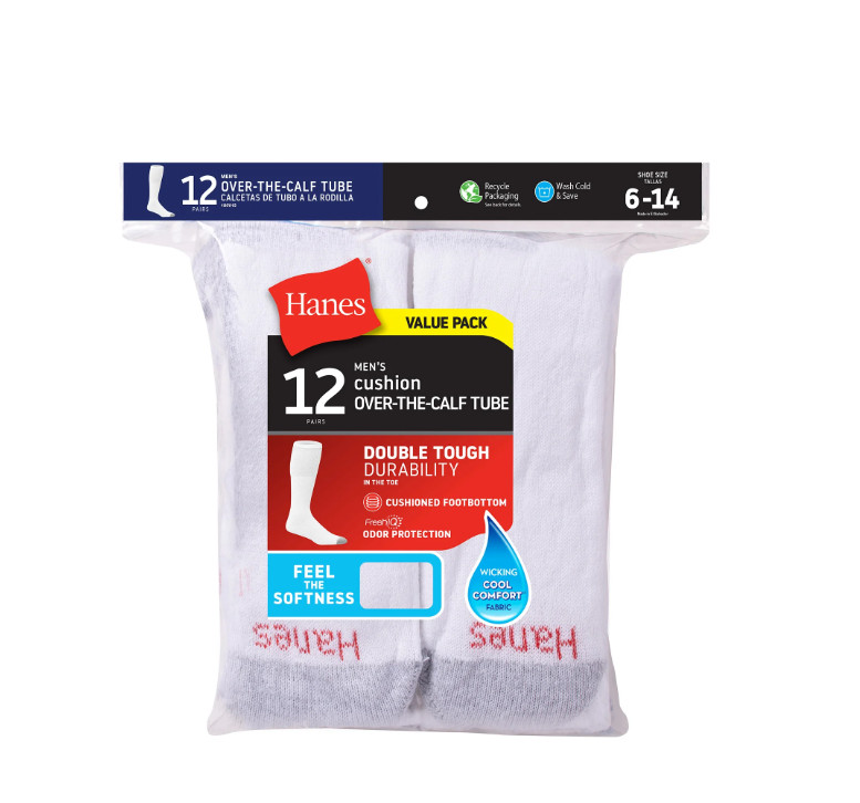 Hanes Men’s Double Tough Durability Over-the-Calf Tube Socks, 12-Pack