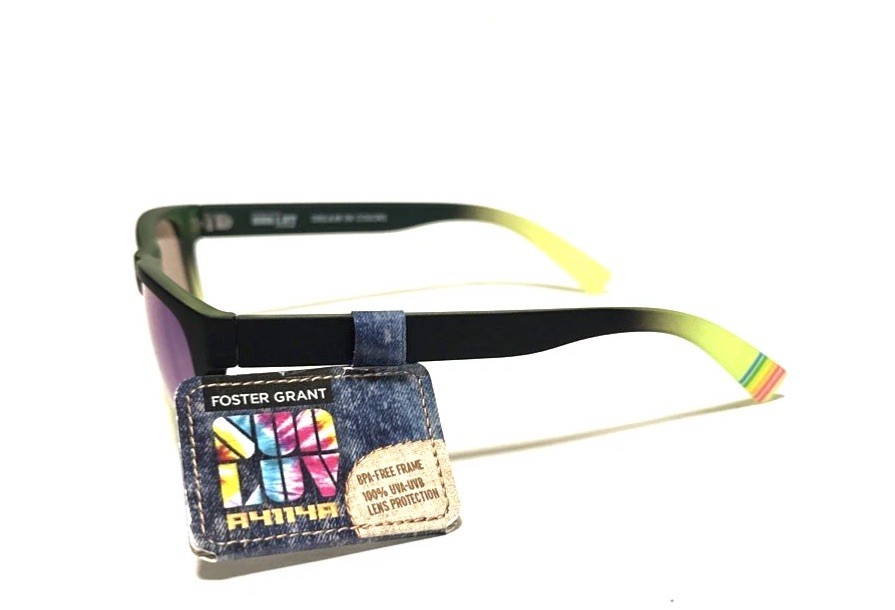 New Foster Grant Sun Luv SUNGLASSES Black Neon Green Blue Mirror Sport Square