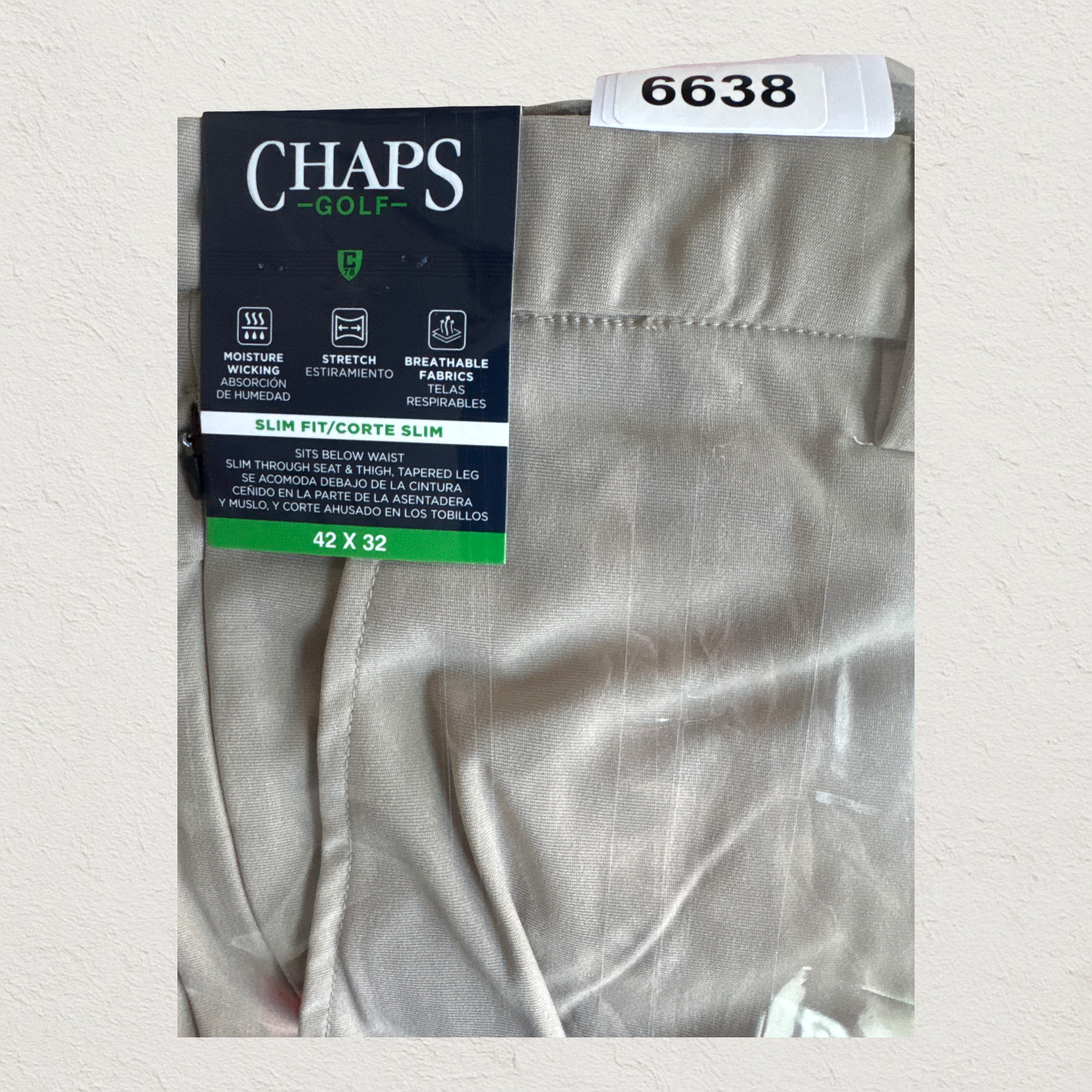 Chaps Golf Chino Pants Size 42×32 Moisture Wick ,Khaki, Slim Fit Tapered Leg NWT