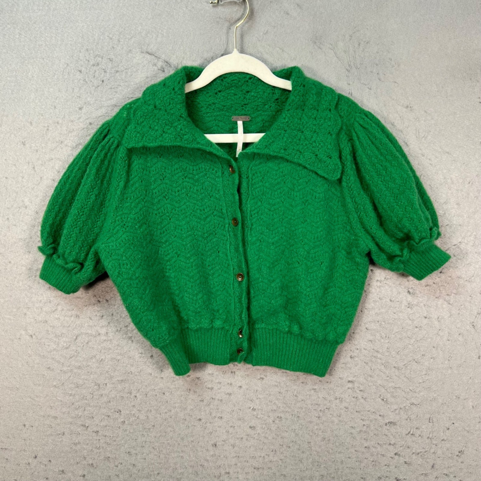 Free People Size XS Green Cashmere Button-Down Cardigan Sweater w/ Puff Sleeve