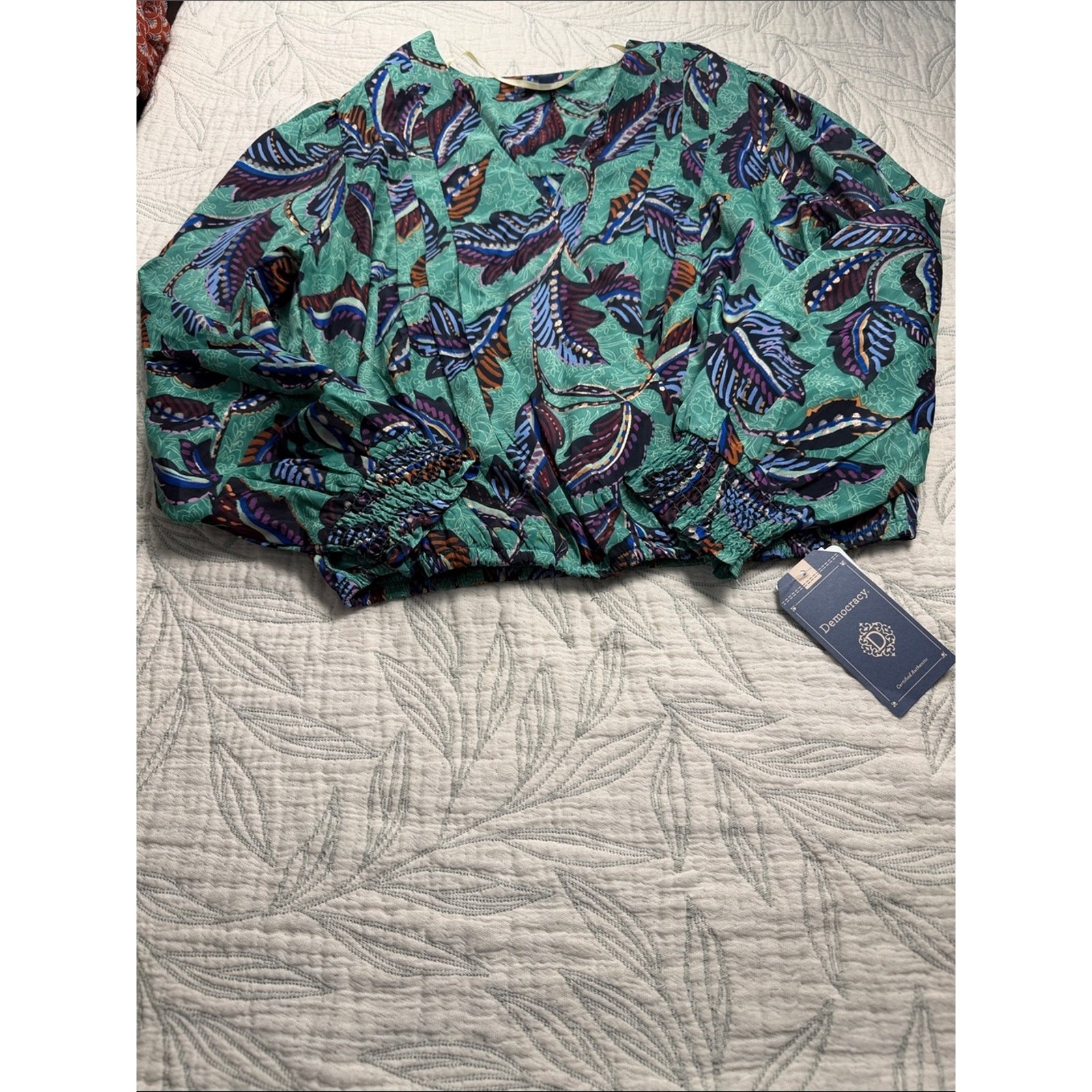 Women Boho tropical Leaf Print Cropped Blouse balloon sleeve Smoked Hem Top;PS