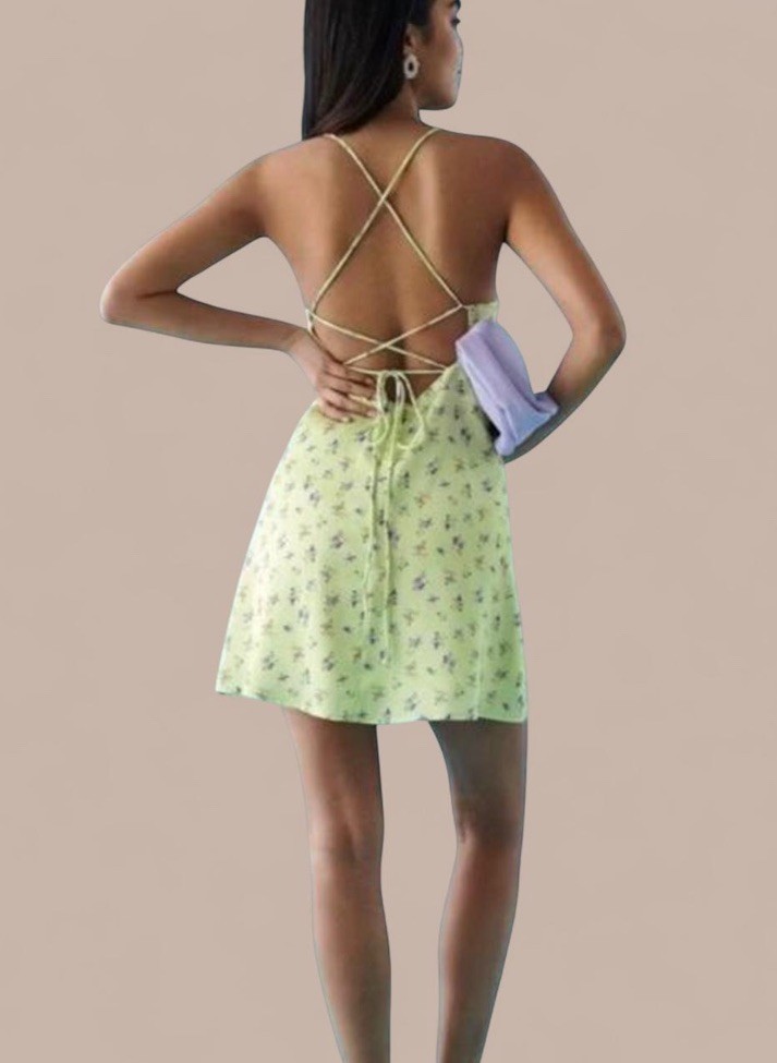 ginatricot Green/Purple Floral Sweetheart Strappy Lace-Up Back Mini Slip L
