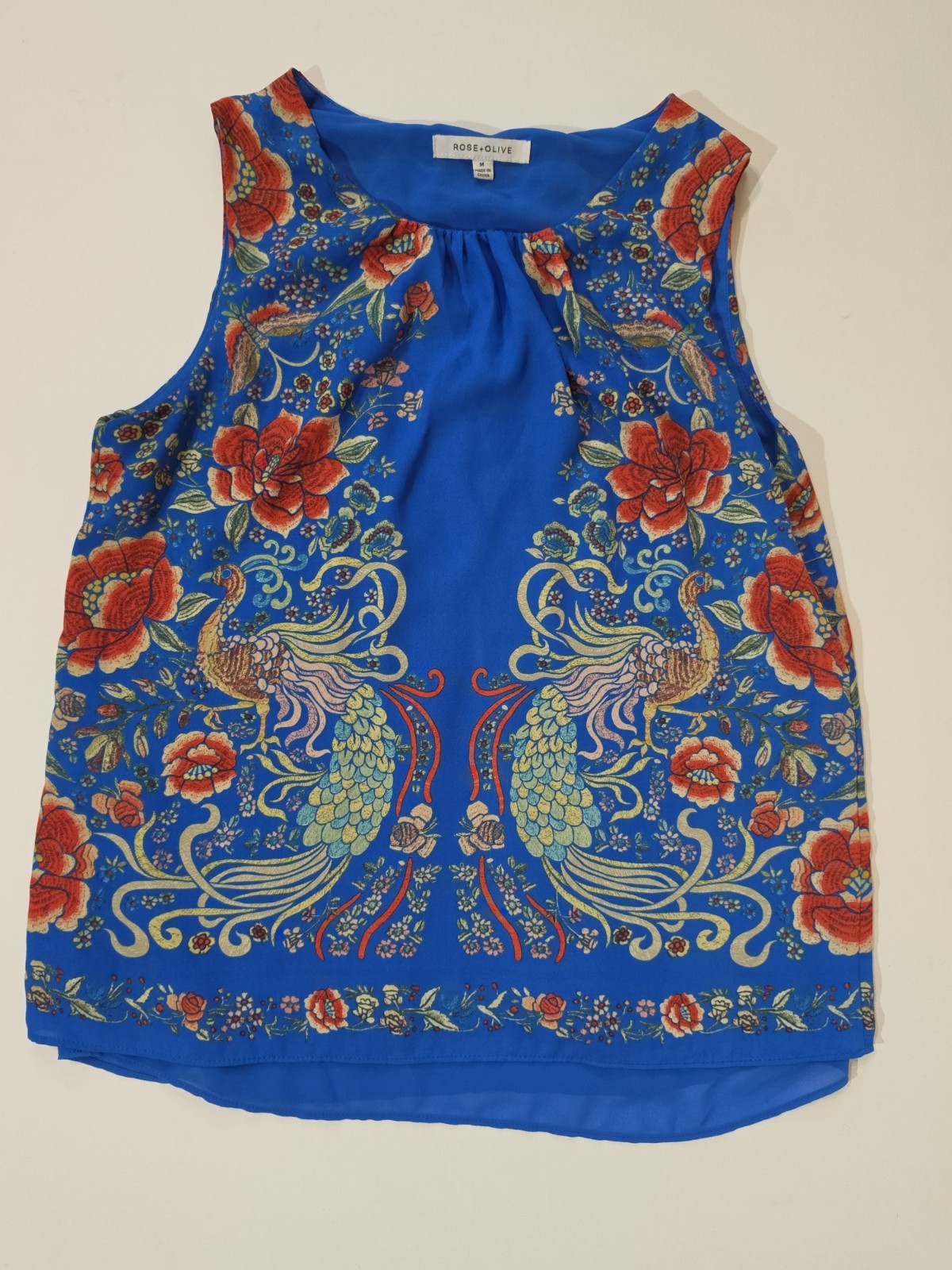 Rose & Olive Sleeveless Peacock Top Womens Medium Blue Orange Floral Boho