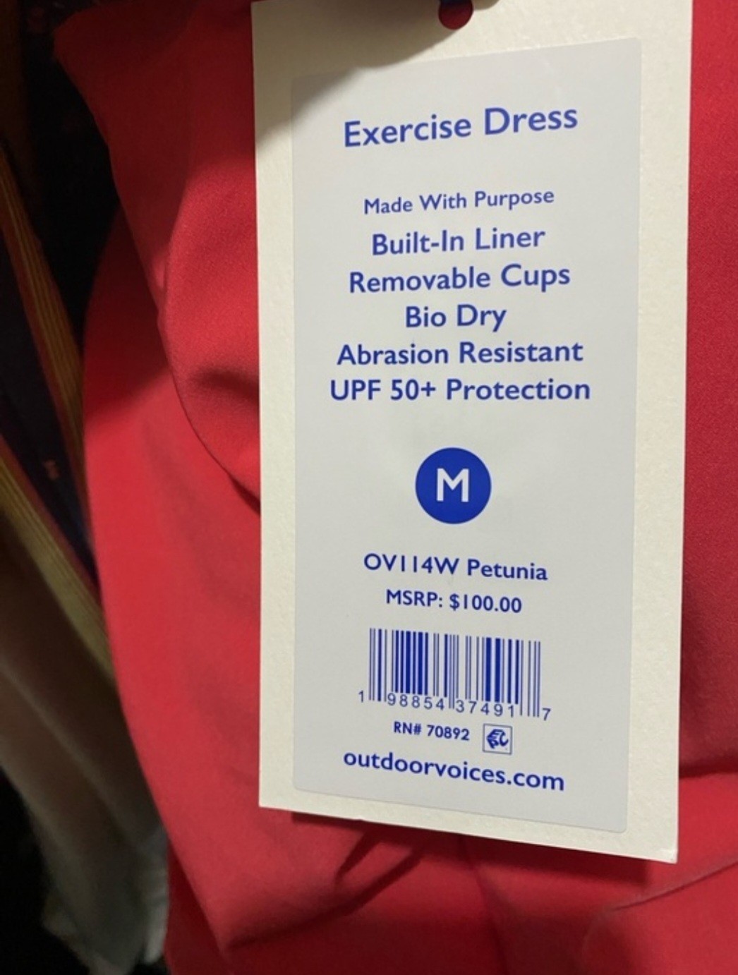 Outdoor Voices Pink Exercise Dress Built-In Liner Removable Cups UPF 50+ M