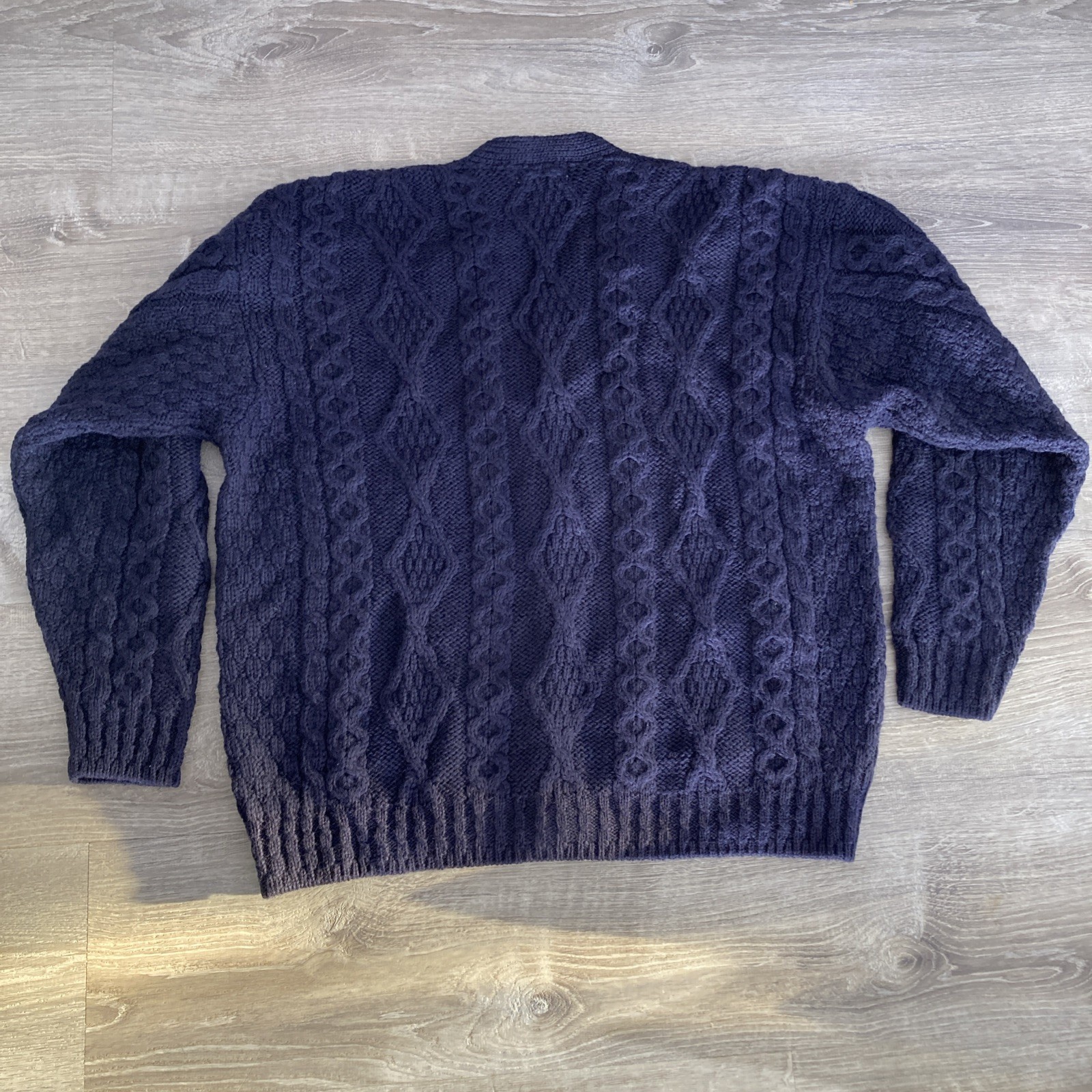 Vintage LL Bean Fisherman Sweater Cardigan Mens L Navy Cable Knit Wool Ireland