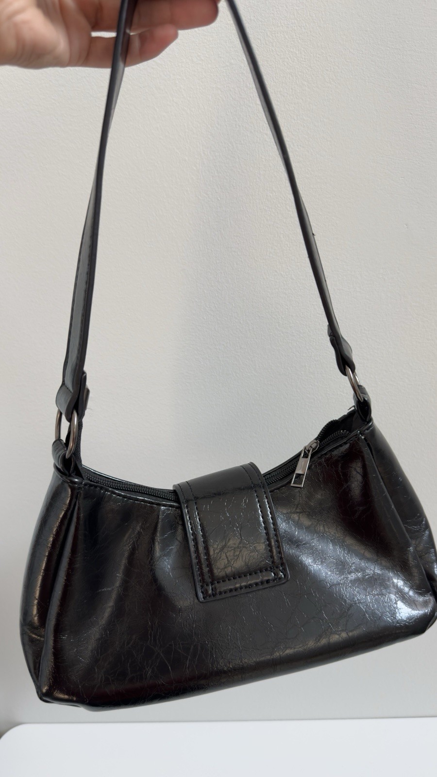 Black Shoulder Bag Zip Top Buckle Accent Adjustable Strap Silver Hardware