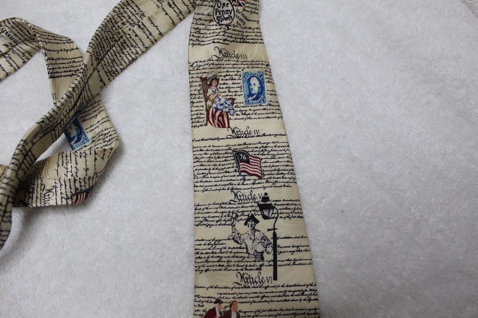 Museum Artifacts silk tie 4″ founding fathers fourth of July novelty print