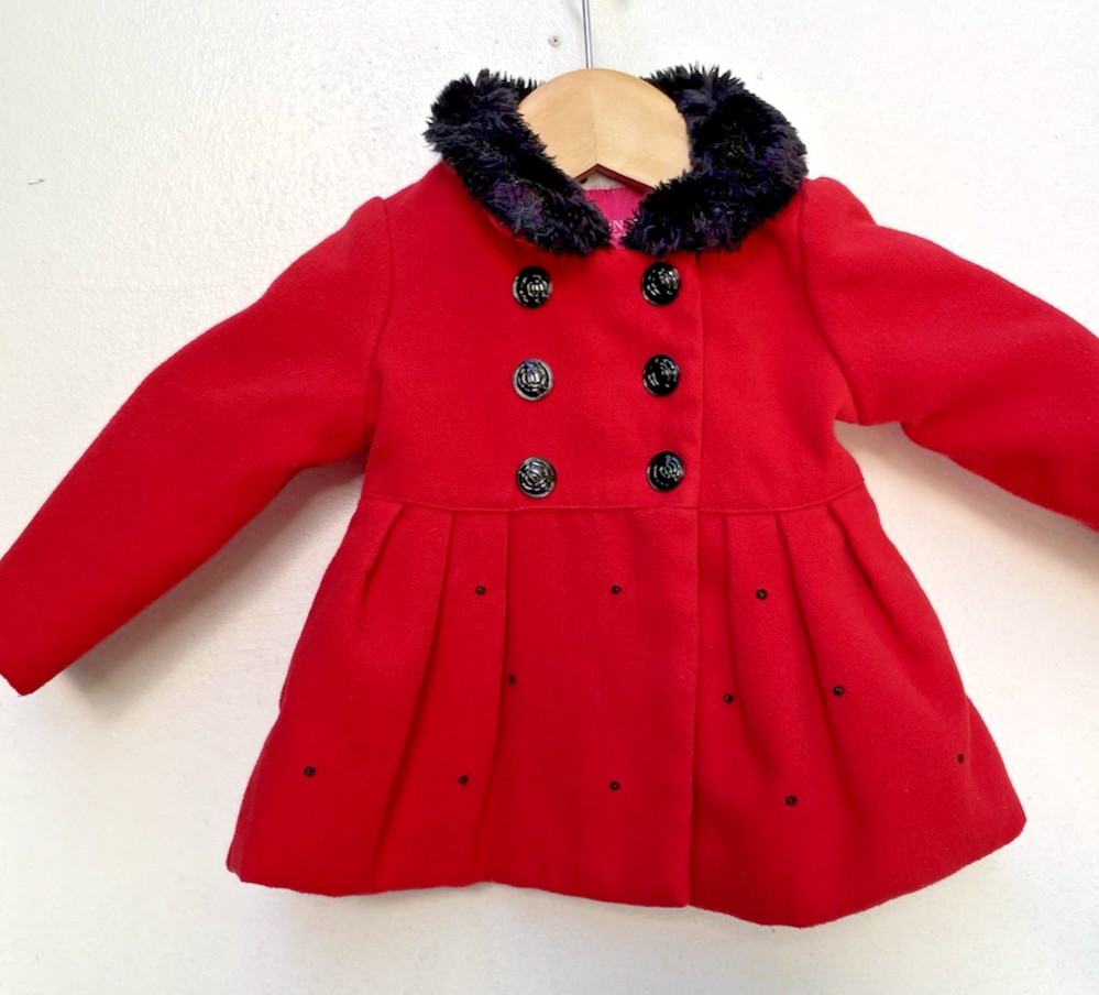 London Fog Baby Girl’s Coat Red with Black Faux Fur Trim Size 12 Months