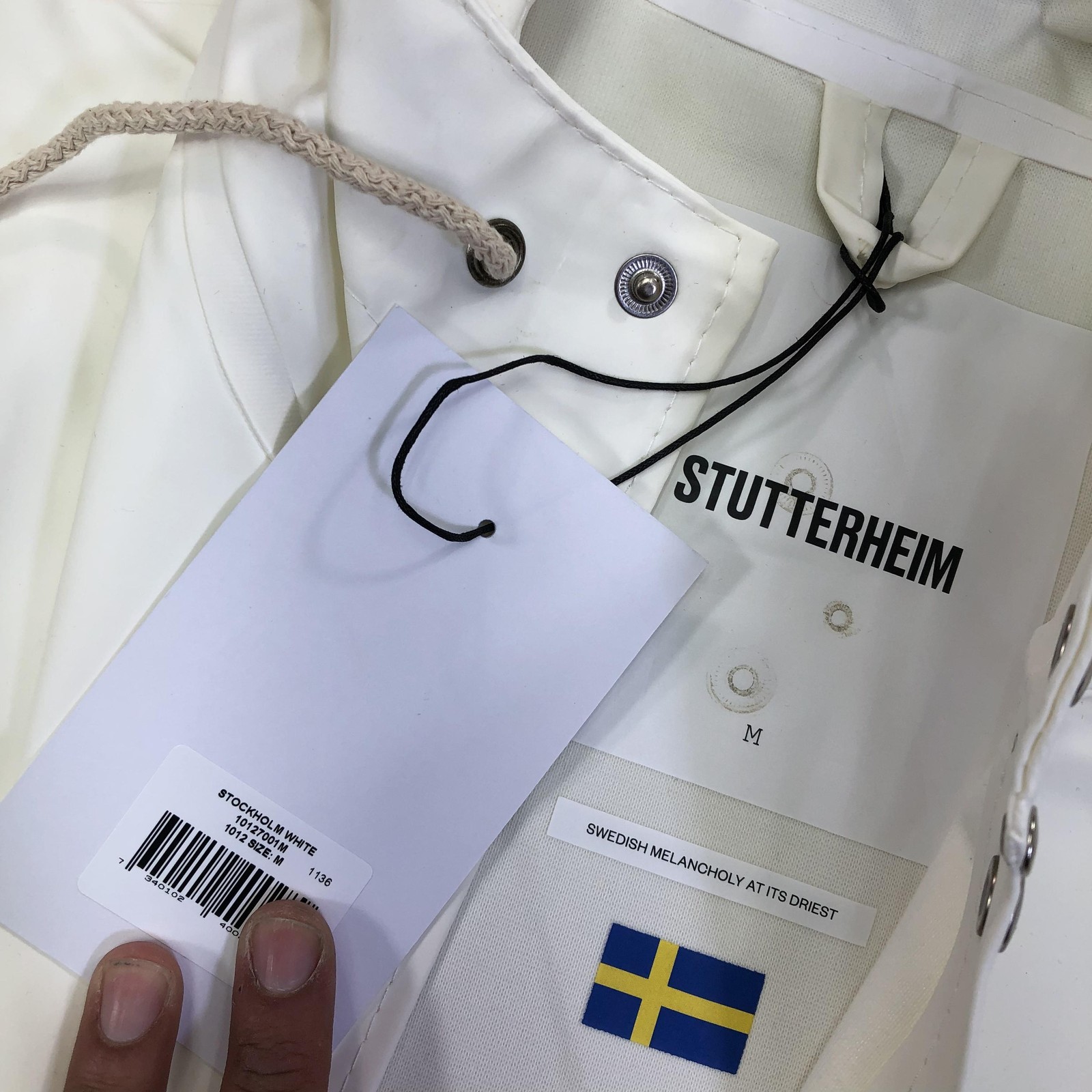 Stutterheim Coat Mens Medium White Stockholm Hooded Rain Waterproof Rubberized