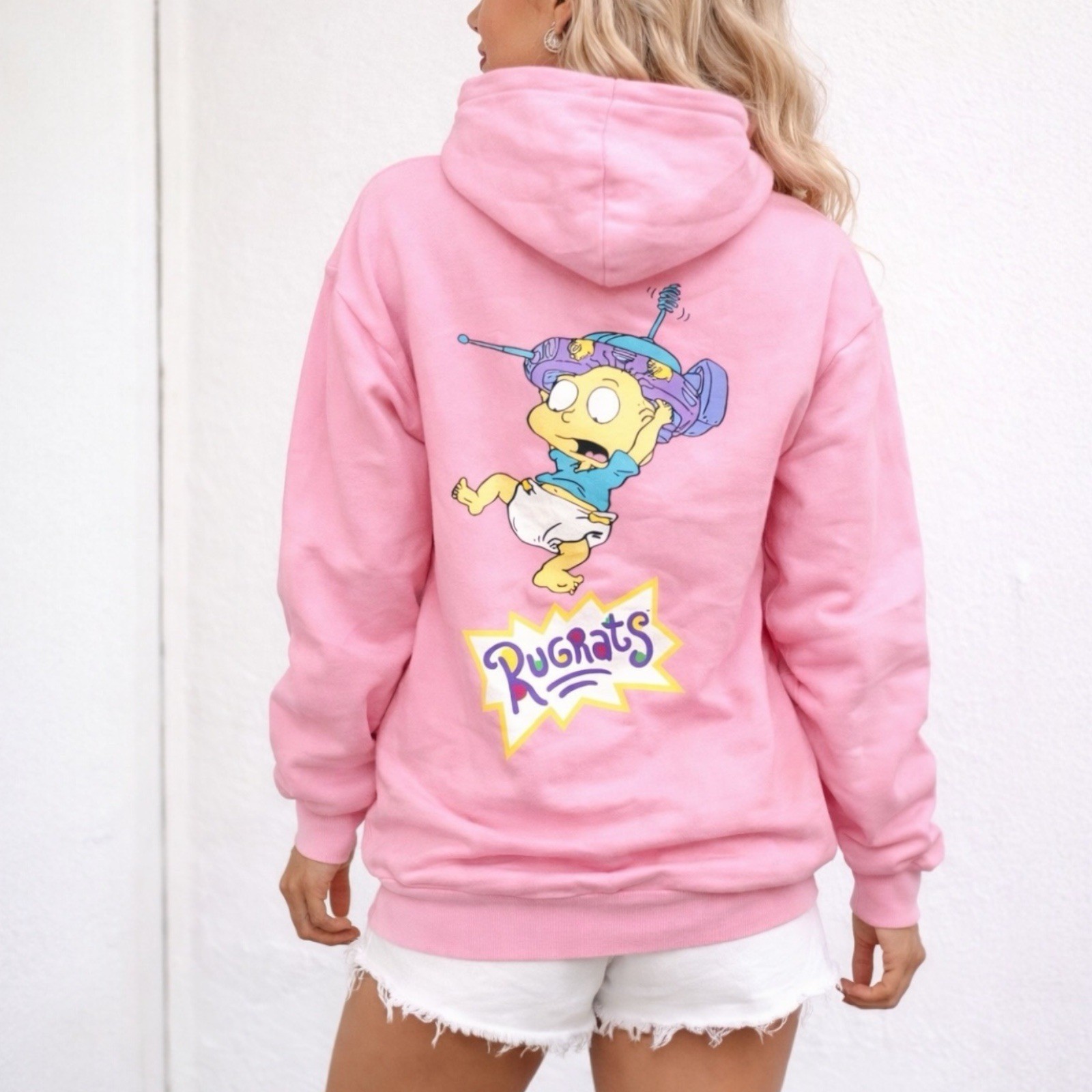 Rugrats Hoodie Womens L Pink Cartoon Graphic Pullover Sweatshirt Y2K Retro