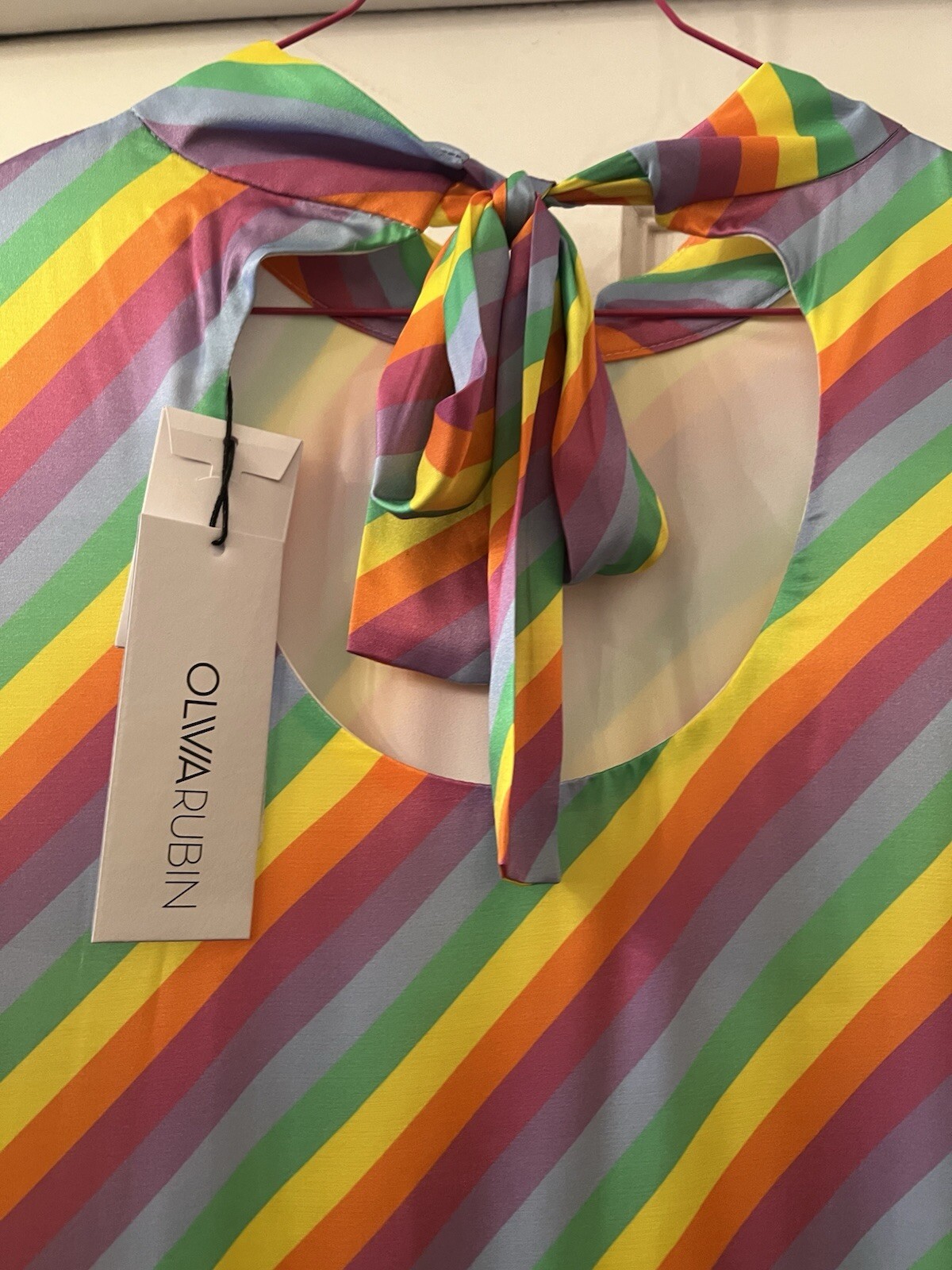 New Olivia Rubin Nessie Prism Stripe Silk Satin Print Midi Dress,UK 14
