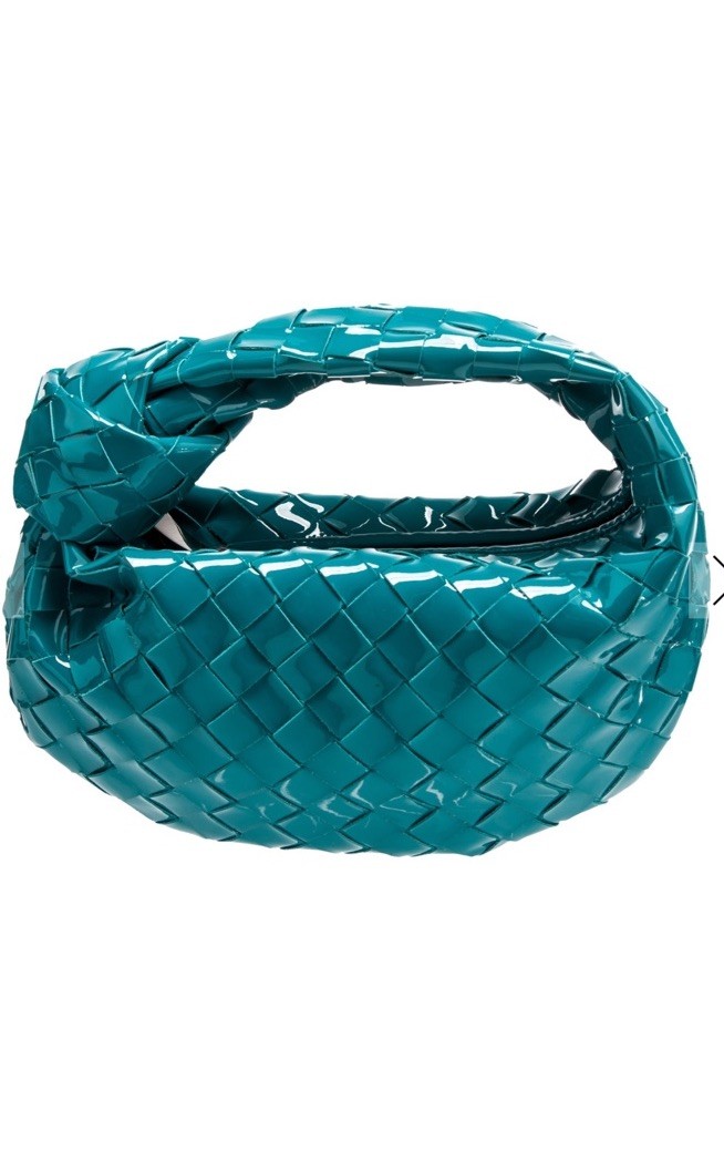Authenticated Bottega Veneta Mini Patent Intrecciato Jodie Turquoise Leather