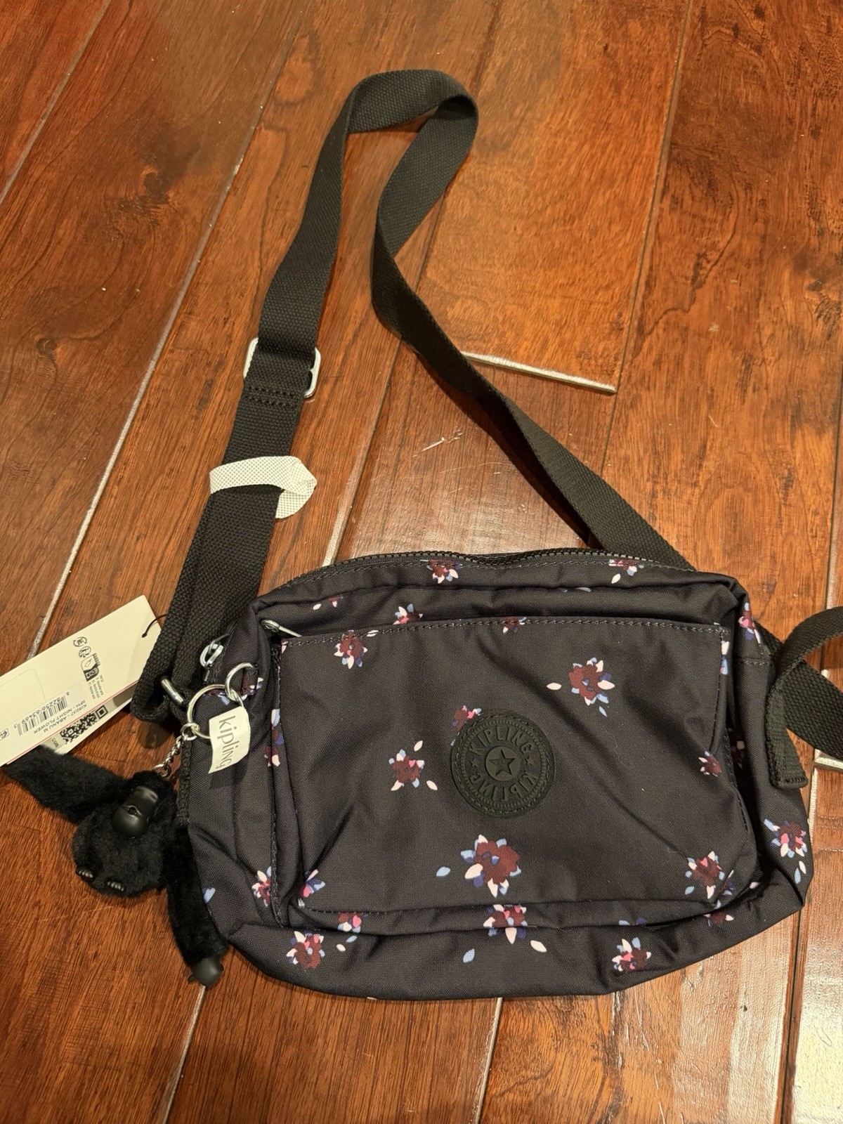 Kipling Floral Crossbody Bag Black Multicolor Zip Adjustable Strap Monkey Charm