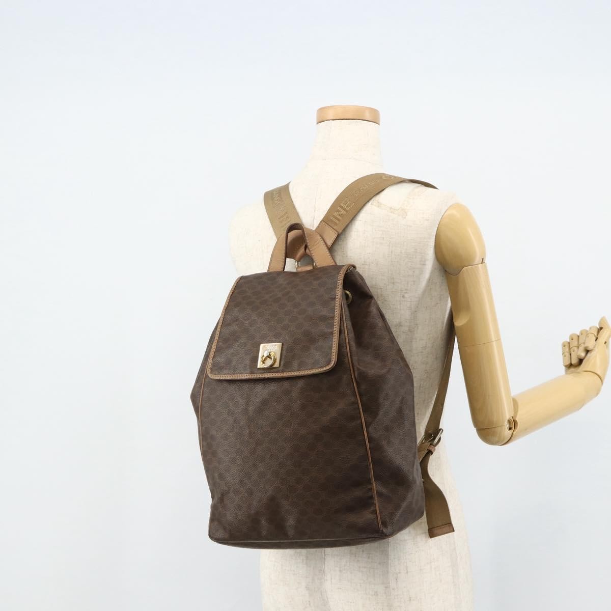 CELINE Macadam Canvas Backpack PVC Leather Brown Gold Auth fm5320