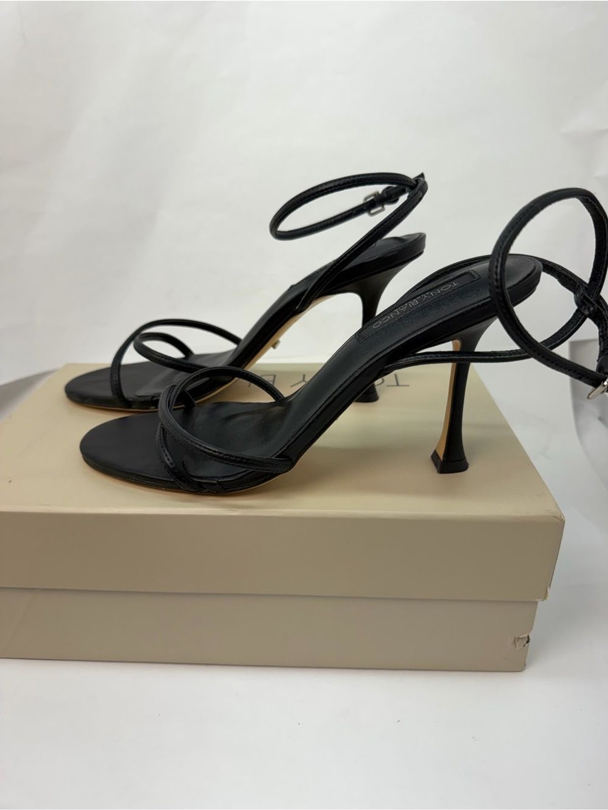 Tony Bianco Laguna Sandal in Black leather mid high heel ankle strap open toe