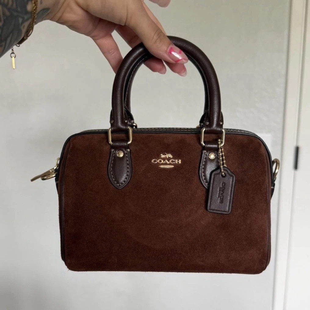 Coach Brown Mini Satchel Top Handle Bag, Zip Closure, Gold Hardware, Charm