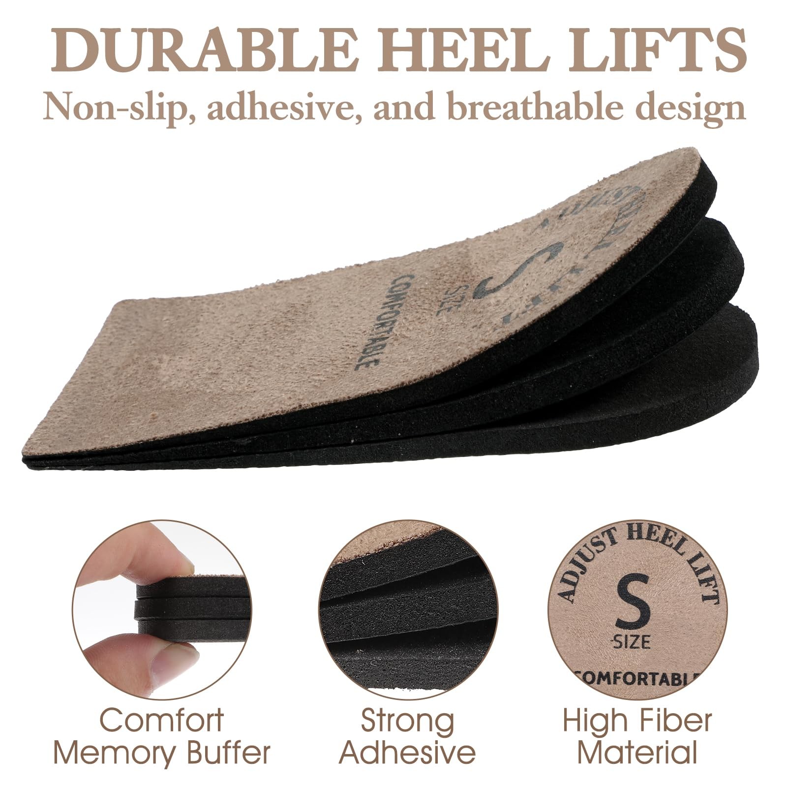 2 Pack Adjustable Heel Lifts, Brown Shoe Inserts (Small), Cushioned Comfort Pads