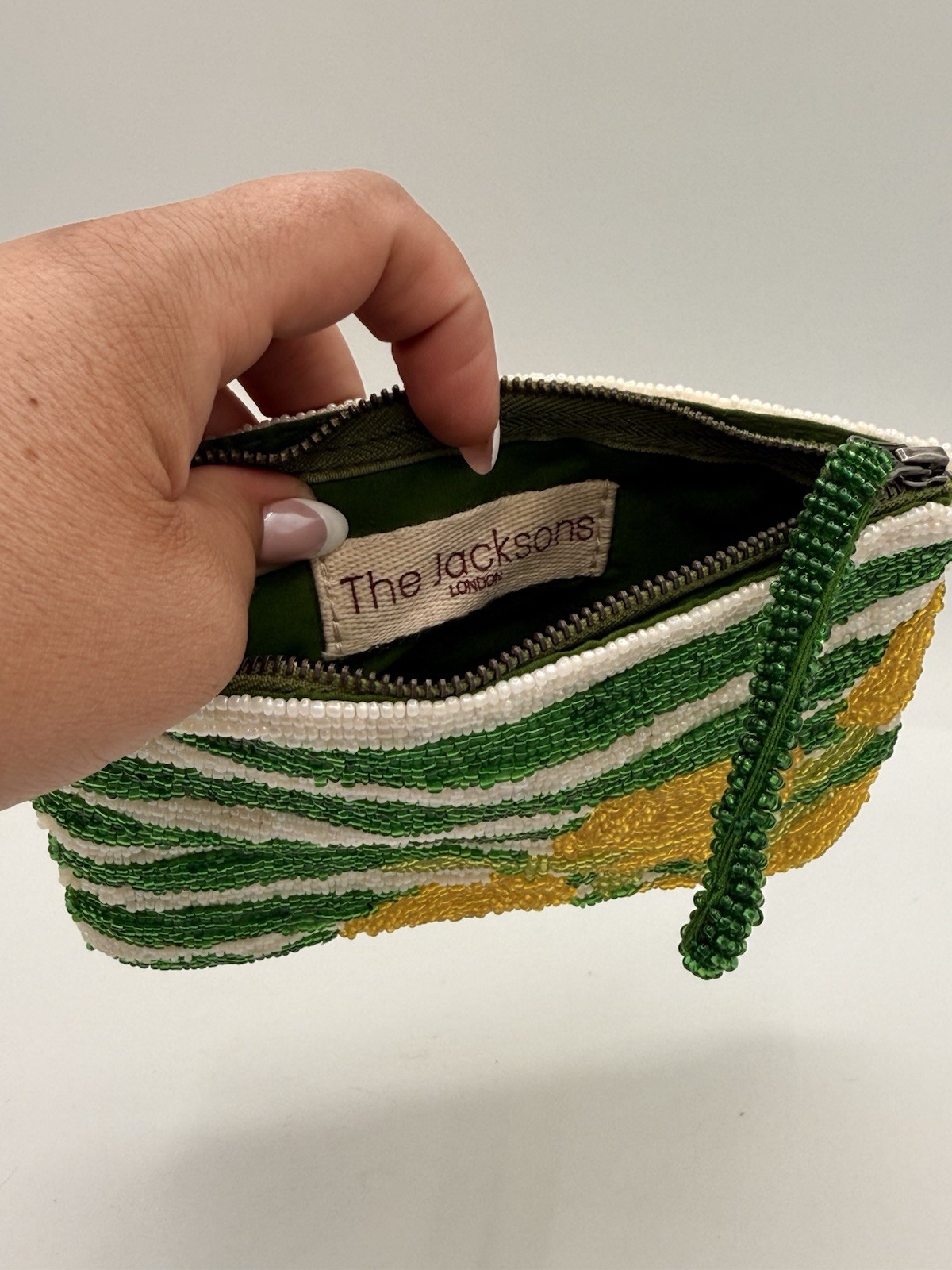 The Jacksons Lemon Striped Beaded Zip Wristlet Clutch Pouch Green/White/Yellow