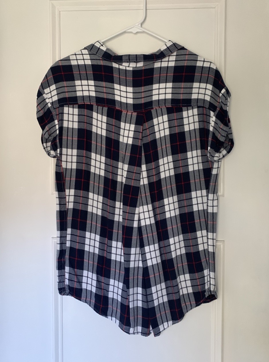 JACHS GIRLFRIEND Women’s L Plaid Button-Up Collared Short Sleeve Blouse Pockets