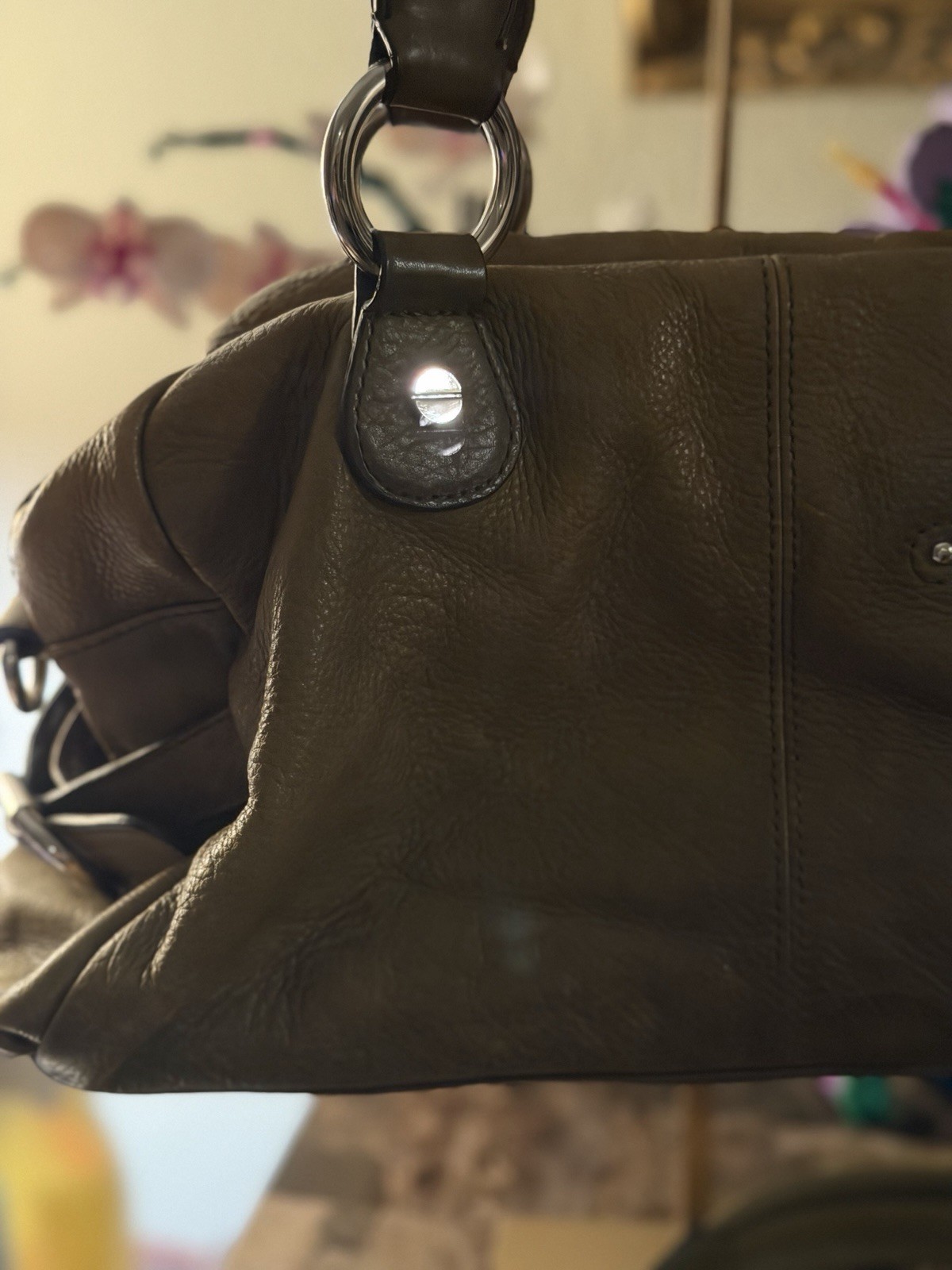 B. Makowsky Olive Green Pebbled Satchel Top Handle Zip Silver Detach Strap