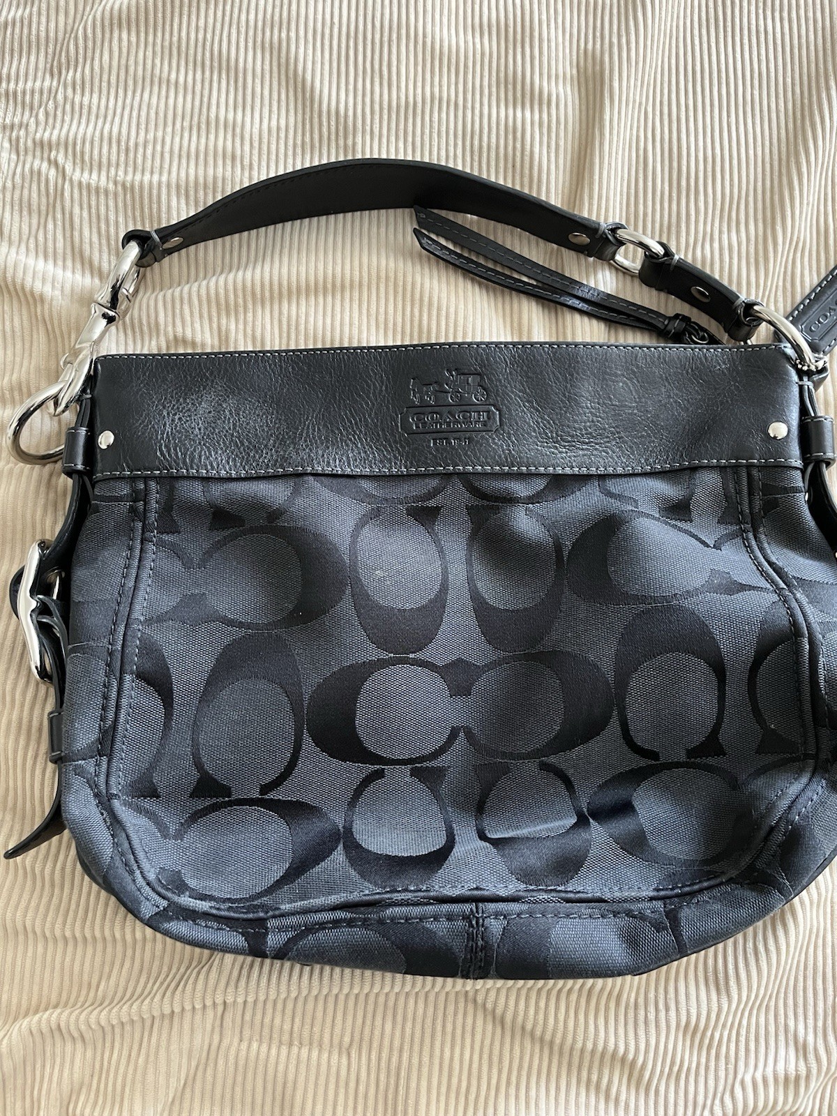 Coach Black Signature Logo Buckle Accent Silver Hardware Shoulder Bag