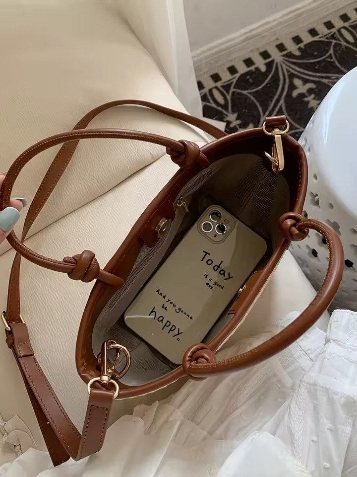 Straw Woven Crossbody Top Handle Knot Bucket Bag for Women Handbags