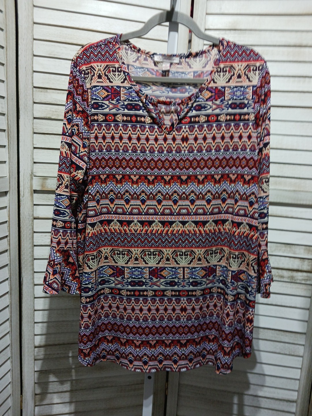 Womens DB Blouse Size 1X Orange Blue Aztec Designs Stretch Lightweight Unlined
