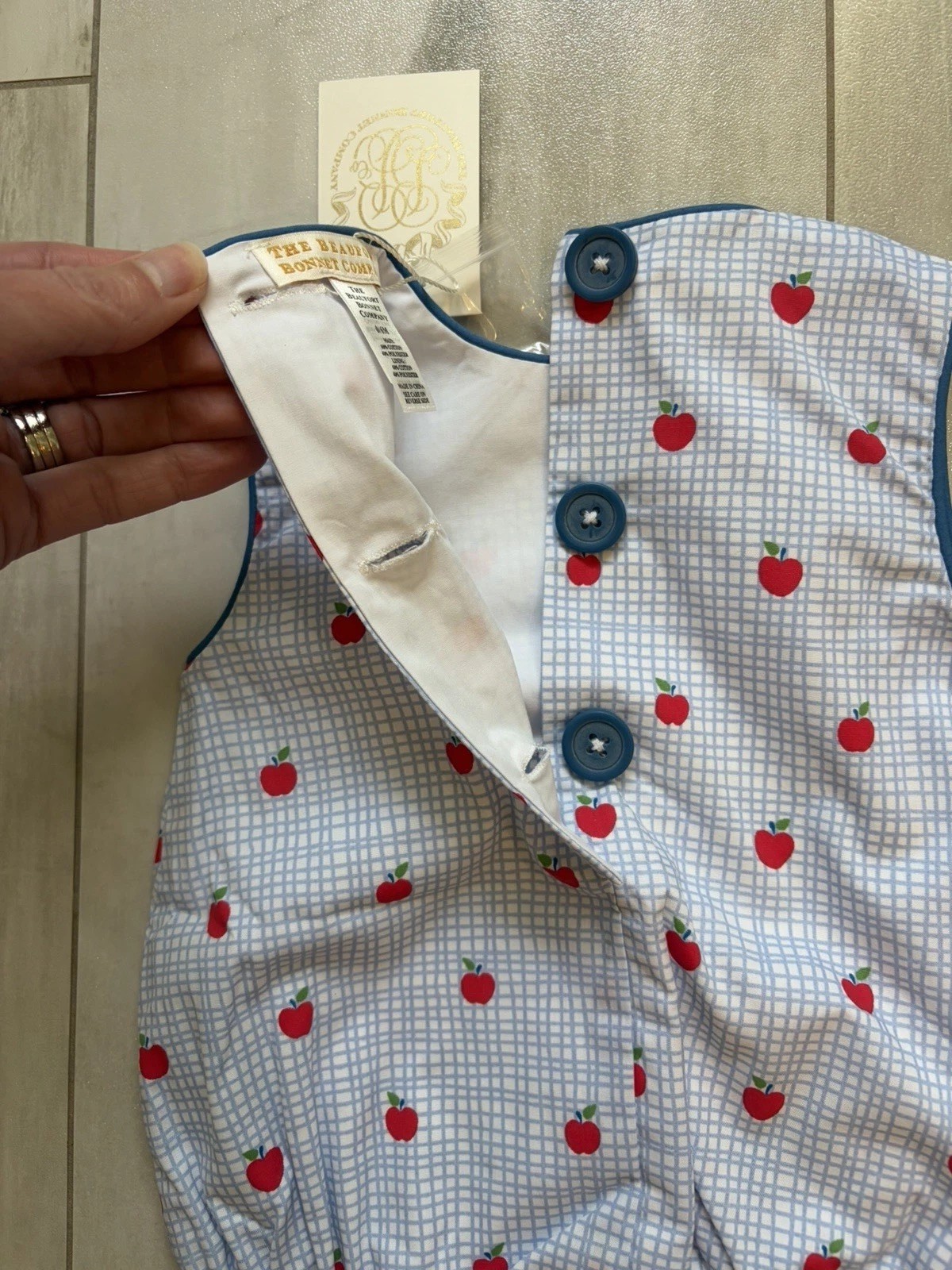New! Beaufort Bonnet Company Preppy Blue Check Apple Benjamin Bubble Romper 0-6M