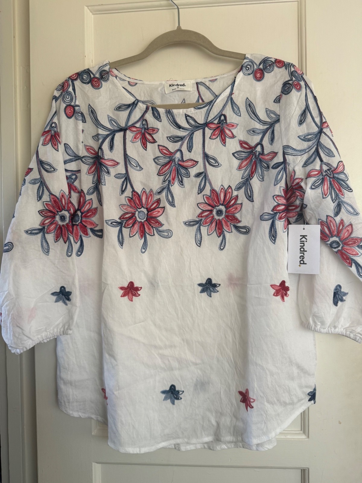 NWT Anthropologie Kindred Peasant Blouse Boho TOP Shirt M L White Embroidery