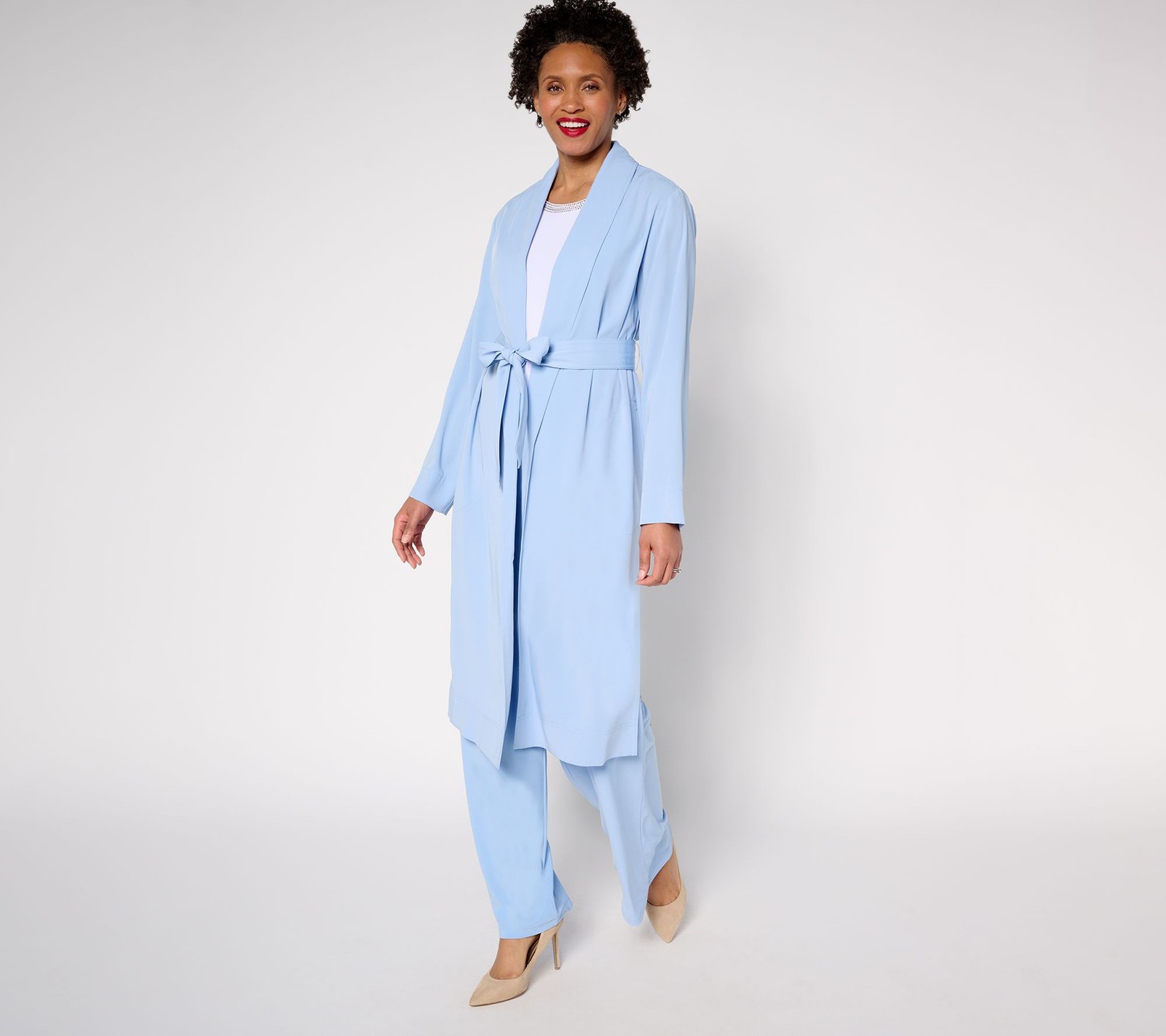 Dennis Basso Regular Soft Wash Woven Topper with Self Belt Pure Sky Blue XXS New