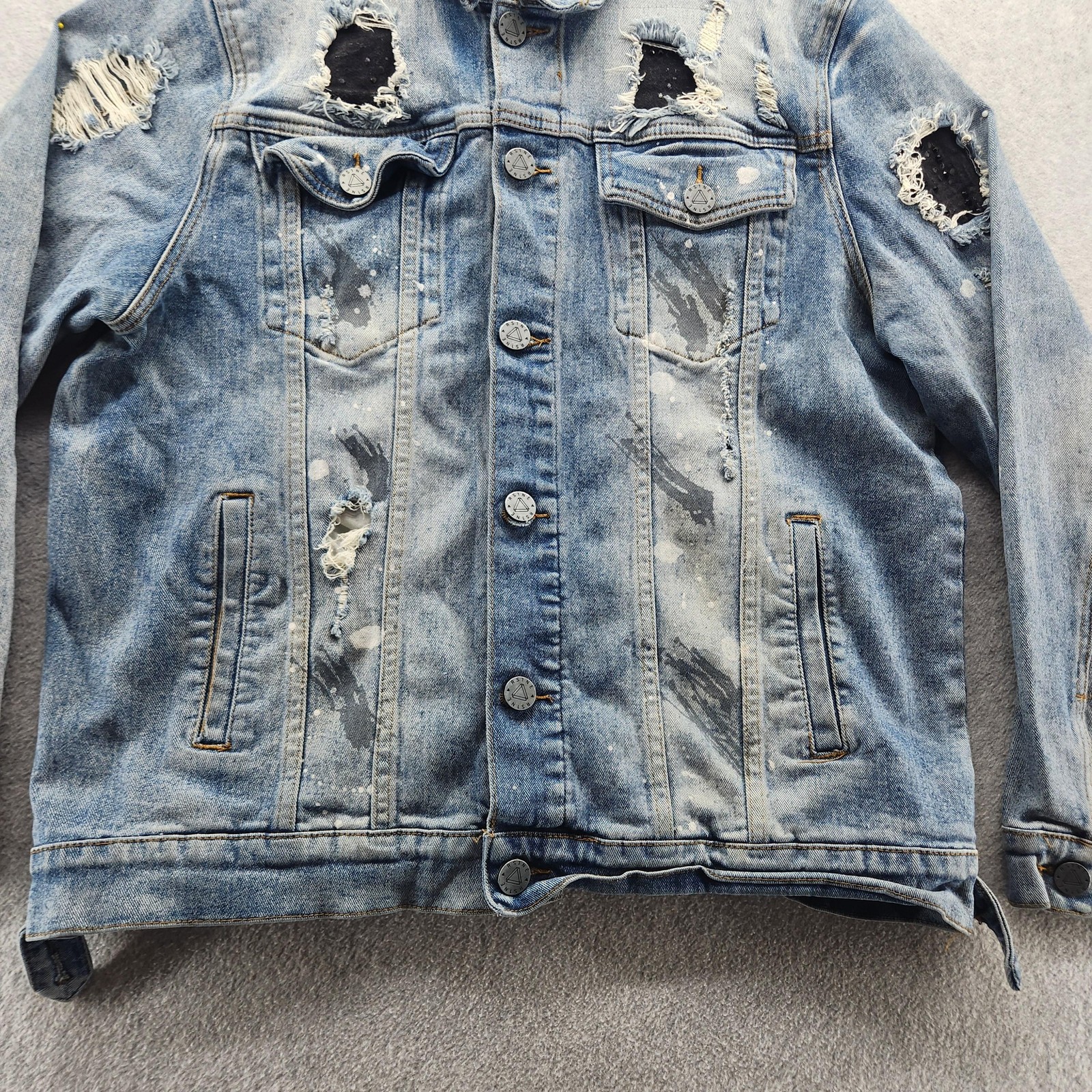 RSTNE Jacket Mens Large Blue Denim Distressed Paint Splatter Ripped Studded