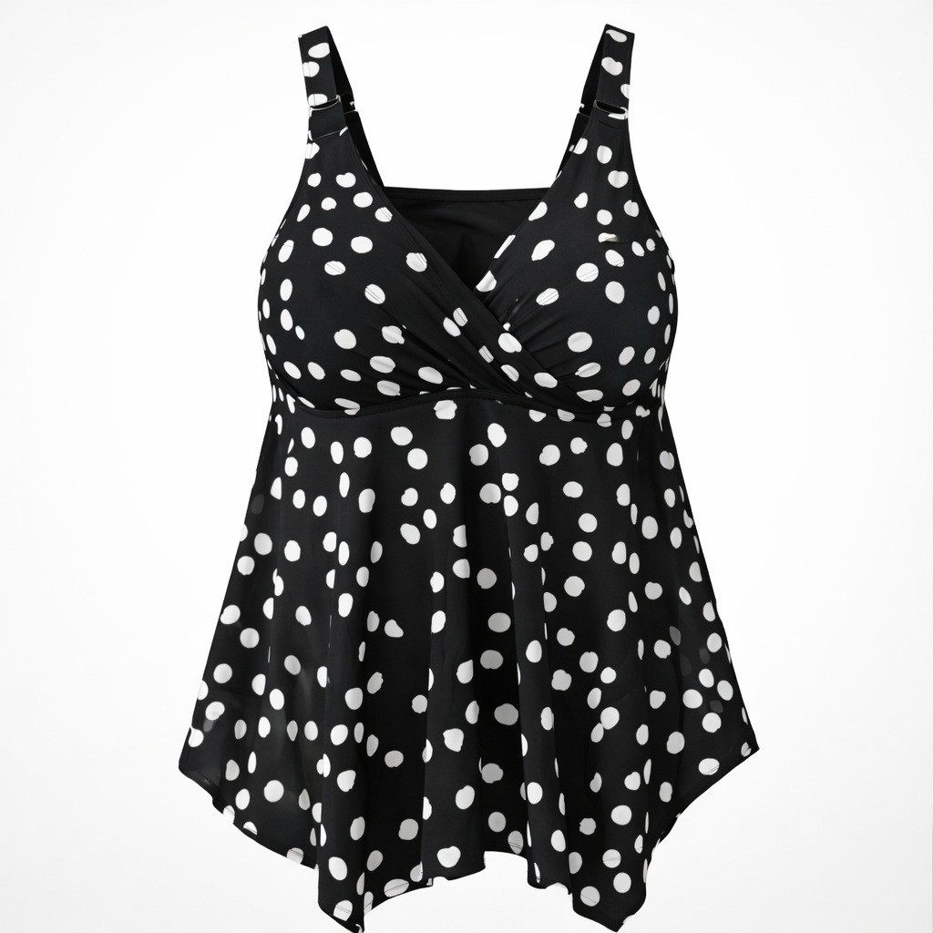Kona Sol Tankini Top Women 14W Black White Polka Dot Wrap Handkerchief Hem NWT