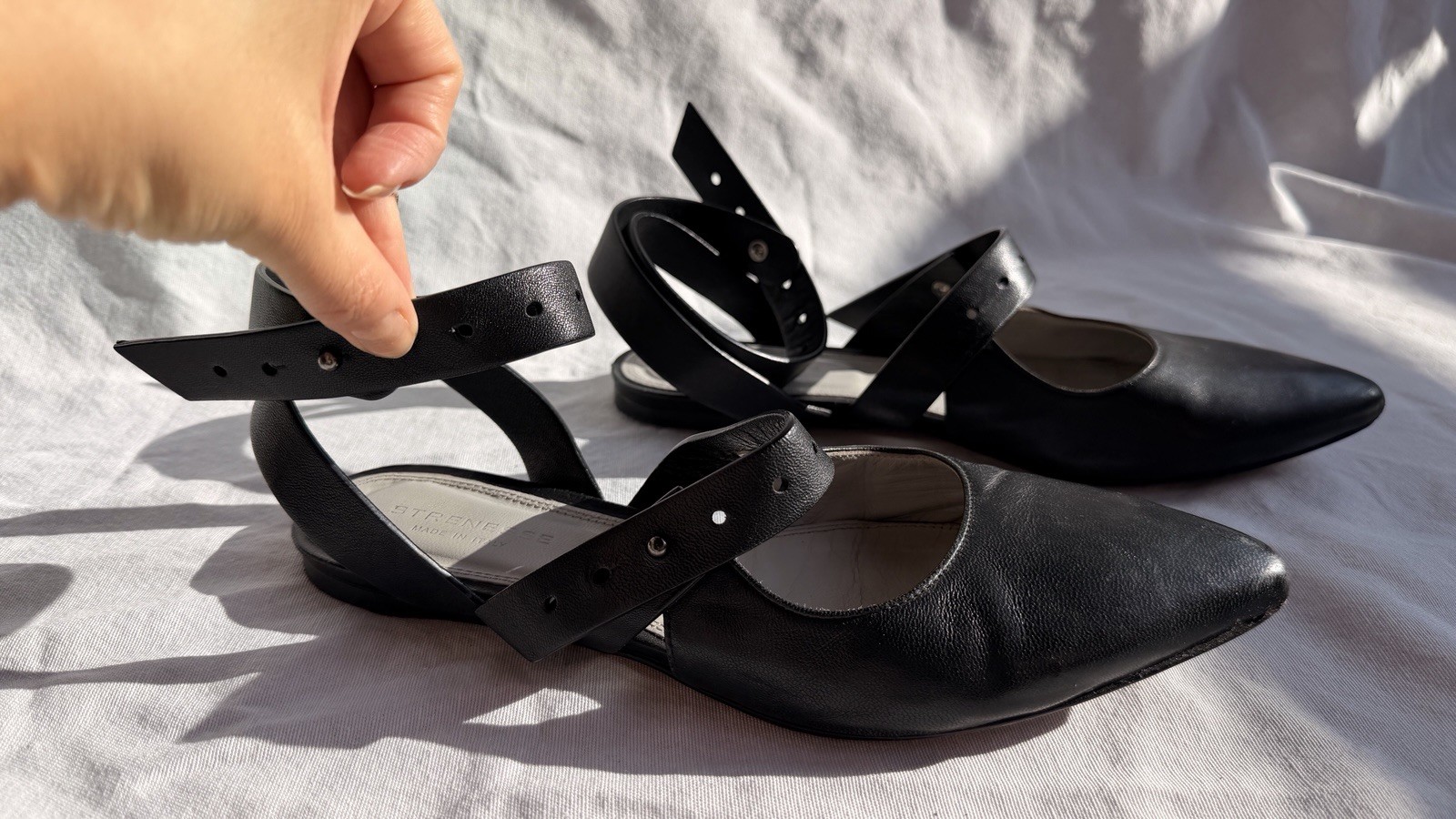 Vintage Black Leather Flats Ankle Wrap Slingback Pointy Toe by Strenesse 38