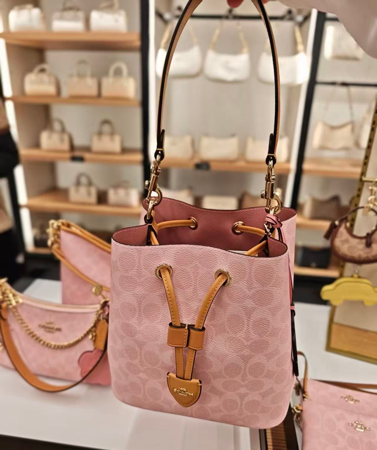 NWT Coach CEA23 Rowan Bucket Bag In Signature Canvas With Charms Powder Pink