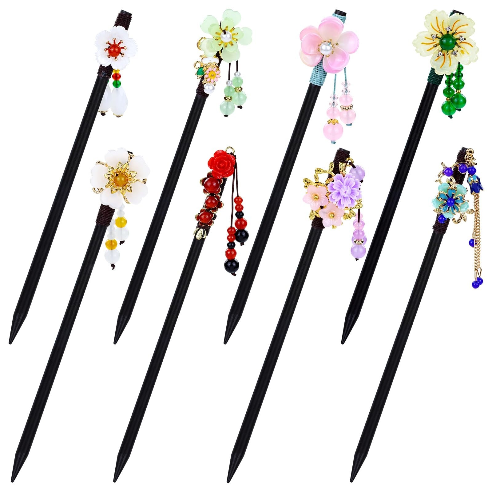 8 Vintage Retro Asian Hair Sticks – Chinese Japanese Wooden Hair Pins with Beads