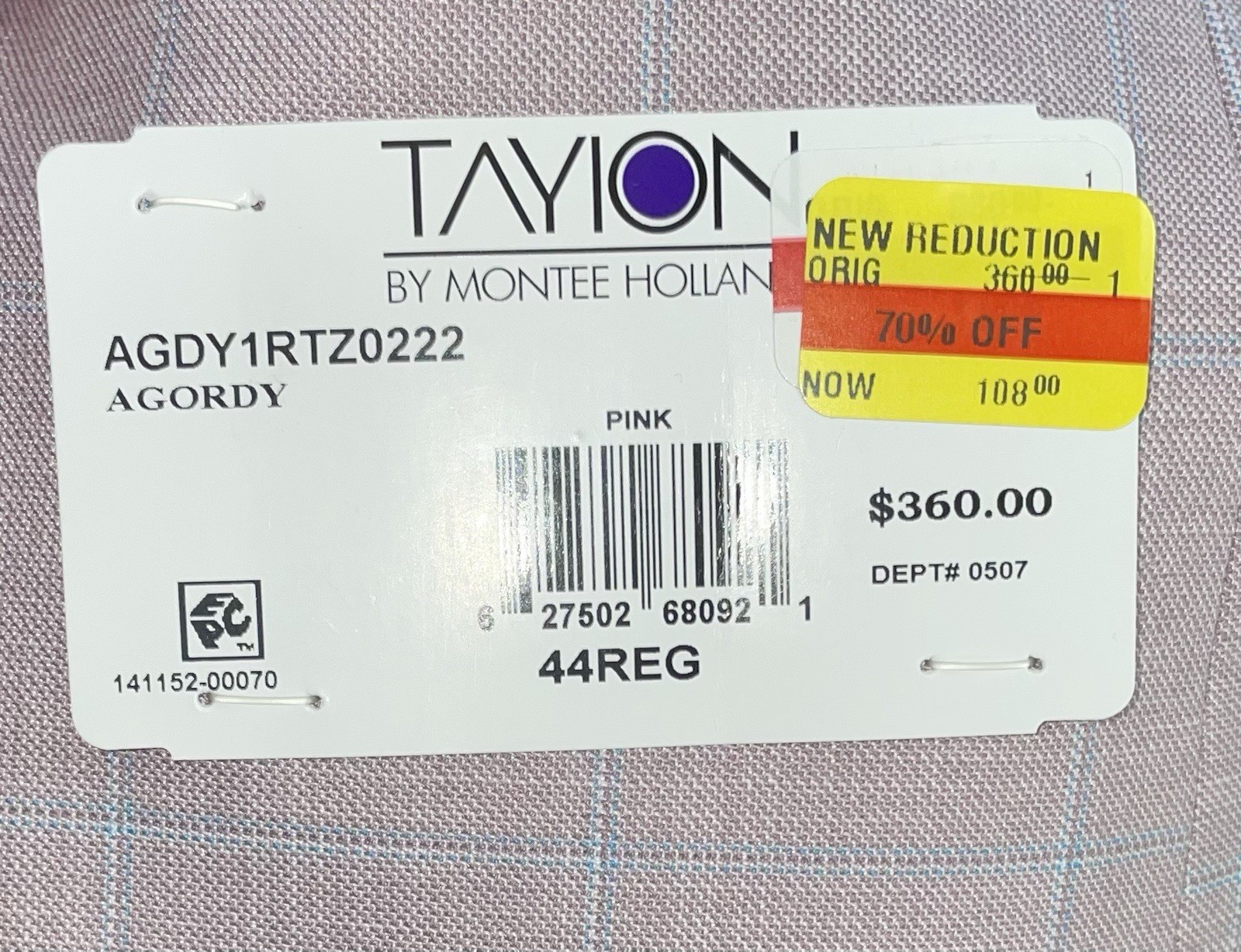 Tayion 44R Regular fit Suit Jacket Blazer Coat Pink Blue Windowpane New NWT
