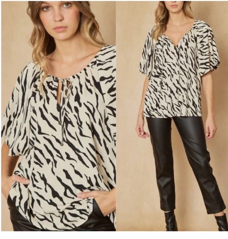 Entro Zebra Print Blouse Puff Short Sleeves Women’s Size 2X Drawstring Neck