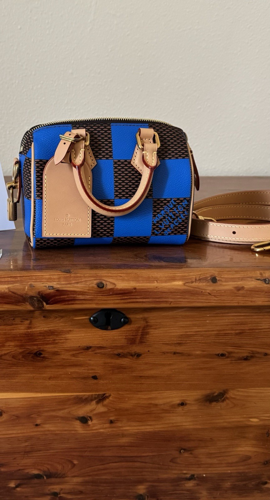 Louis Vuitton Nano Speedy Blue Brown Checkered Satchel w/ Strap, Dust Bag